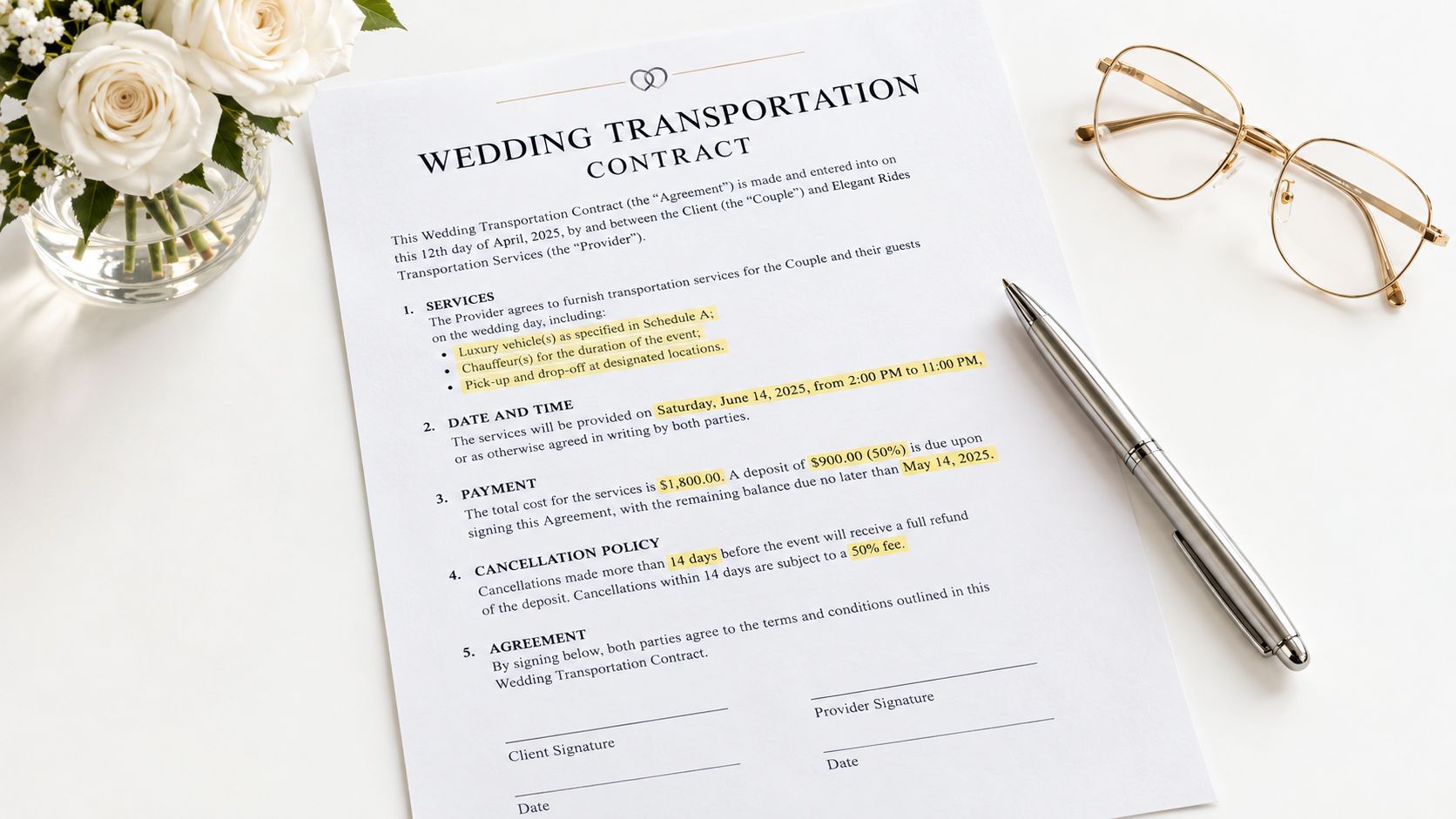 A wedding transportation contract placed on a desk next to roses, glasses, and a silver pen.