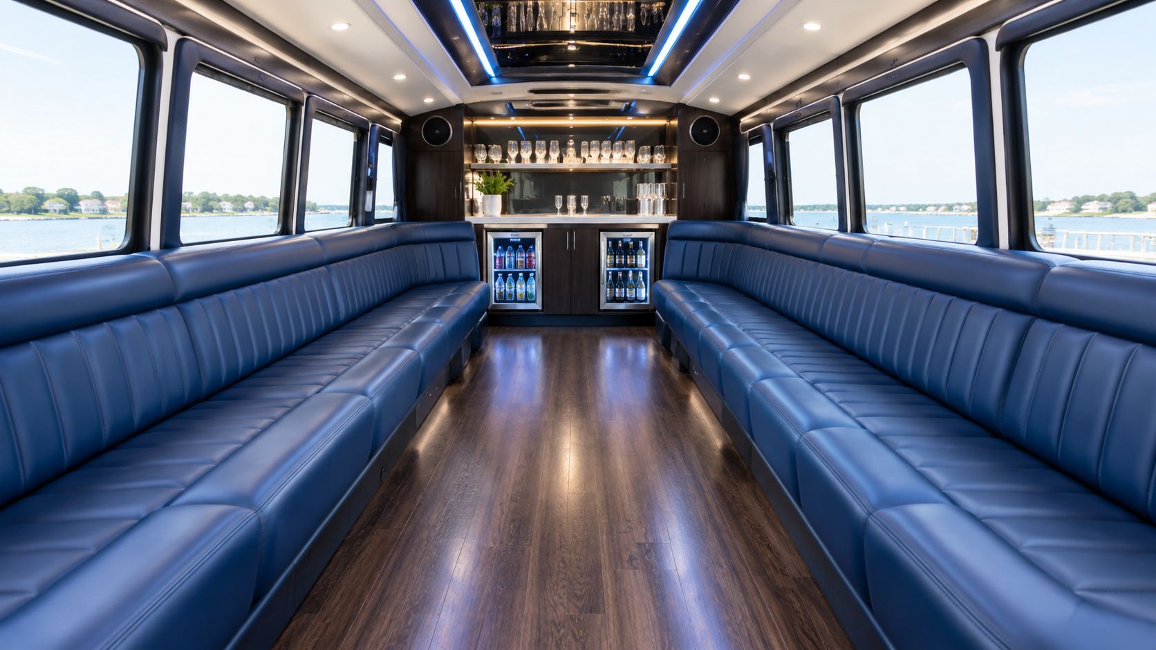 A modern and luxurious limo bus interior featuring plush blue leather seating, wood flooring, and a stocked bar.