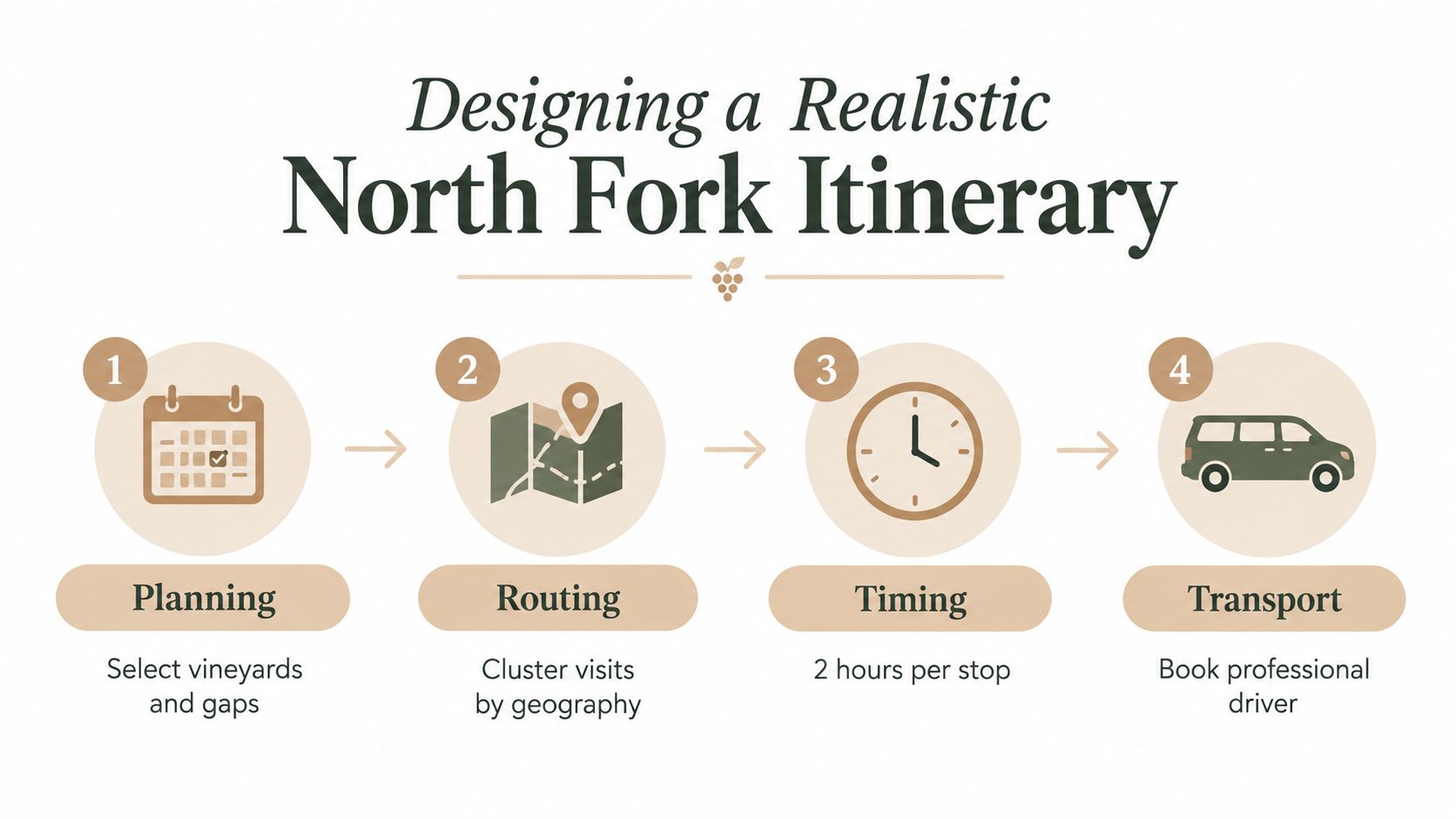 A four-step infographic showing how to design a realistic North Fork winery itinerary including planning and transport.