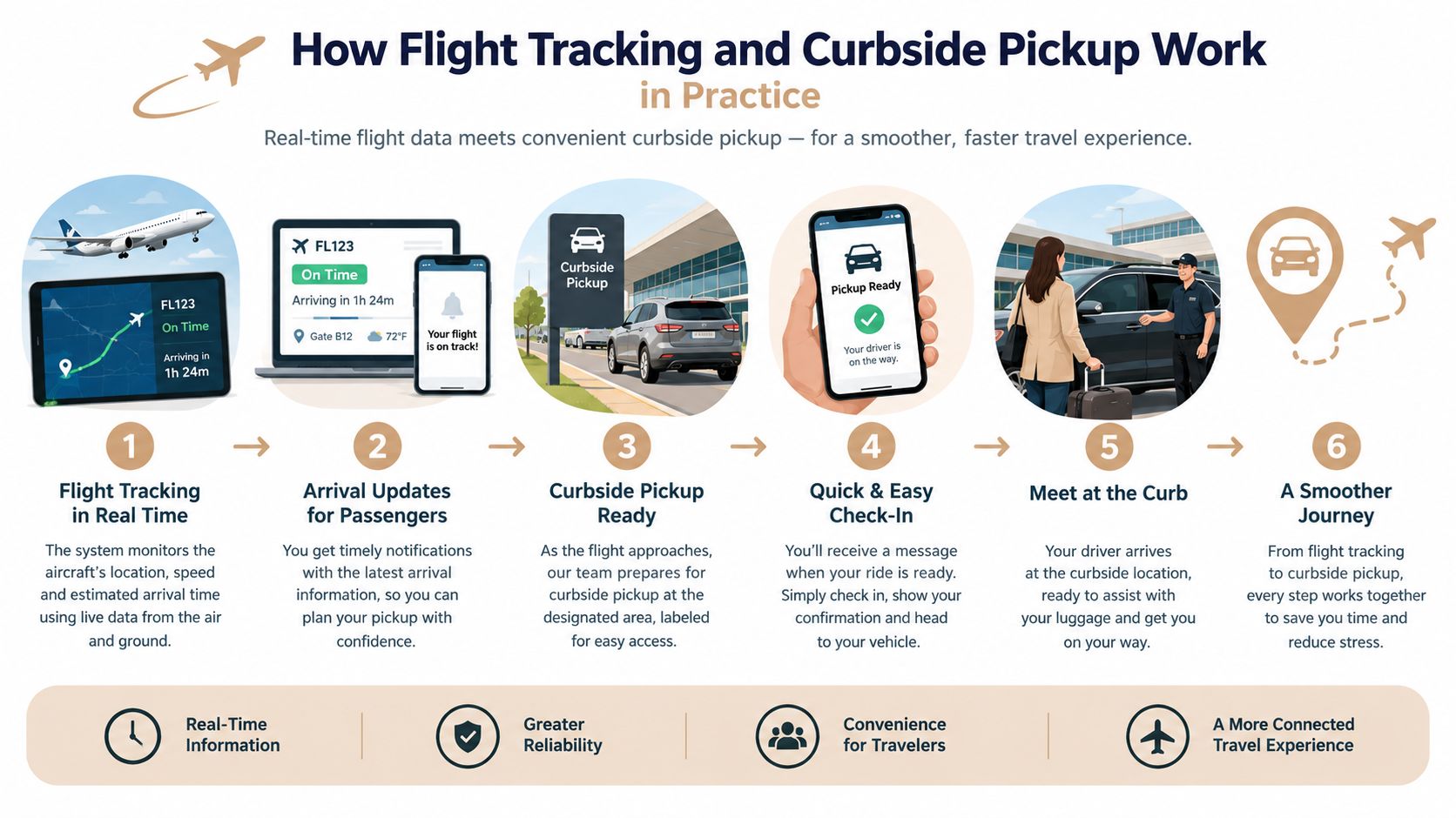 A step-by-step infographic explaining how real-time flight tracking and curbside pickup services streamline airport passenger transportation.