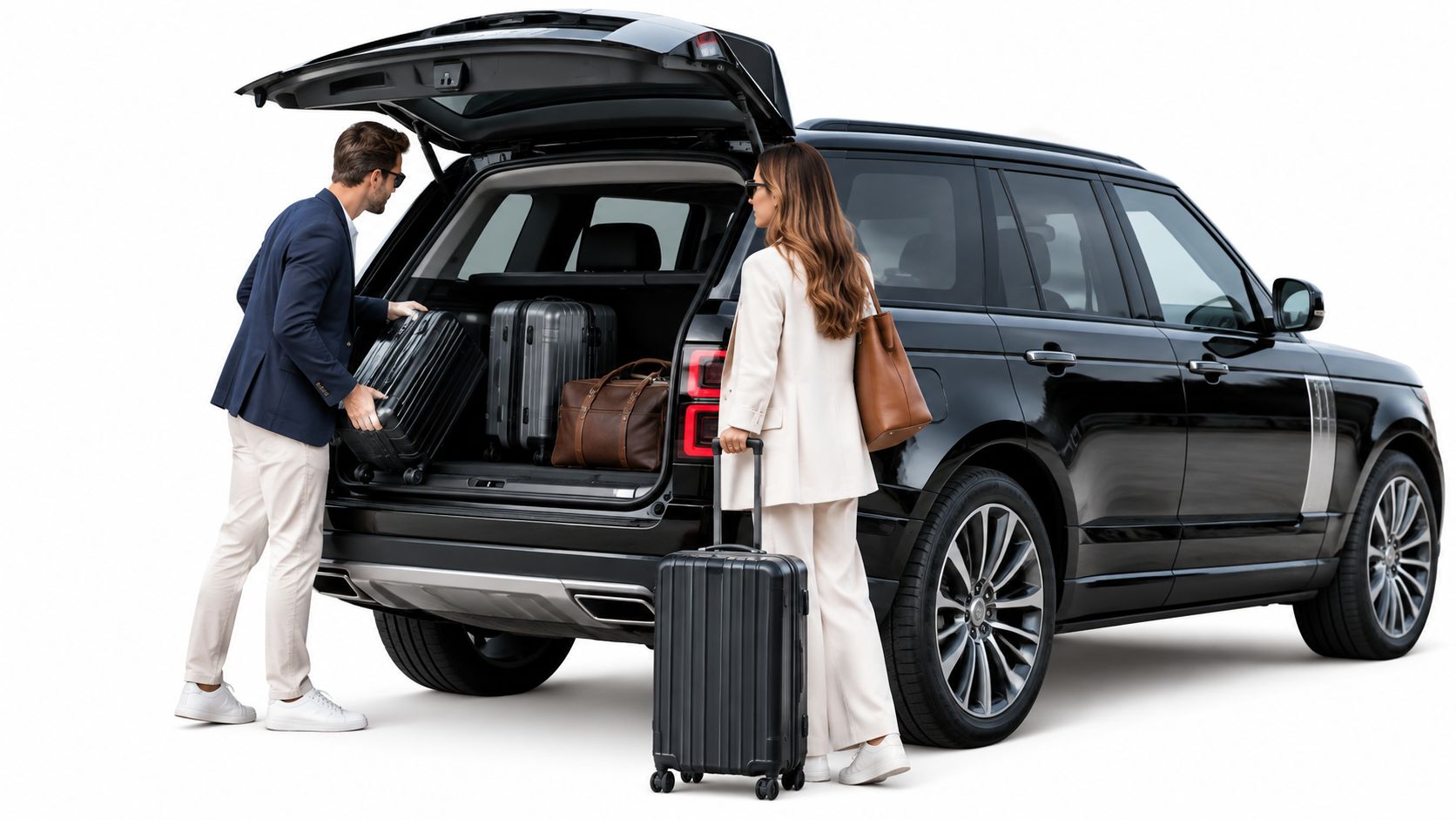 A couple wearing elegant business attire packing luggage into the trunk of a black luxury SUV.