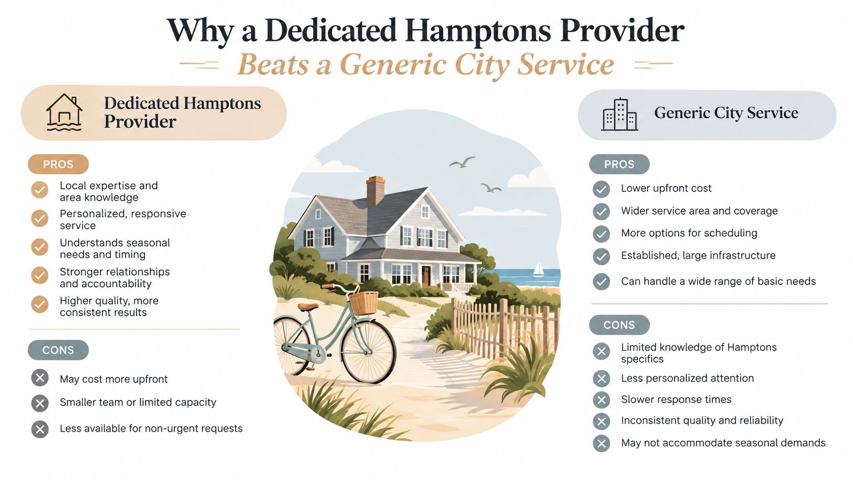 A comparison infographic showing pros and cons of dedicated Hamptons providers versus generic city service companies.