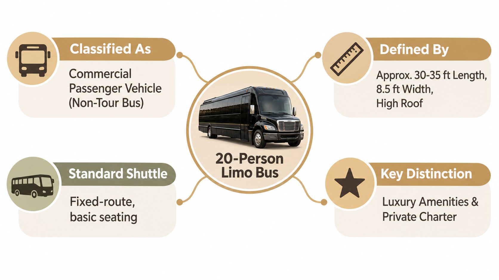 An infographic showing the classification, size, and amenities of a 20-person limo bus for private charter.