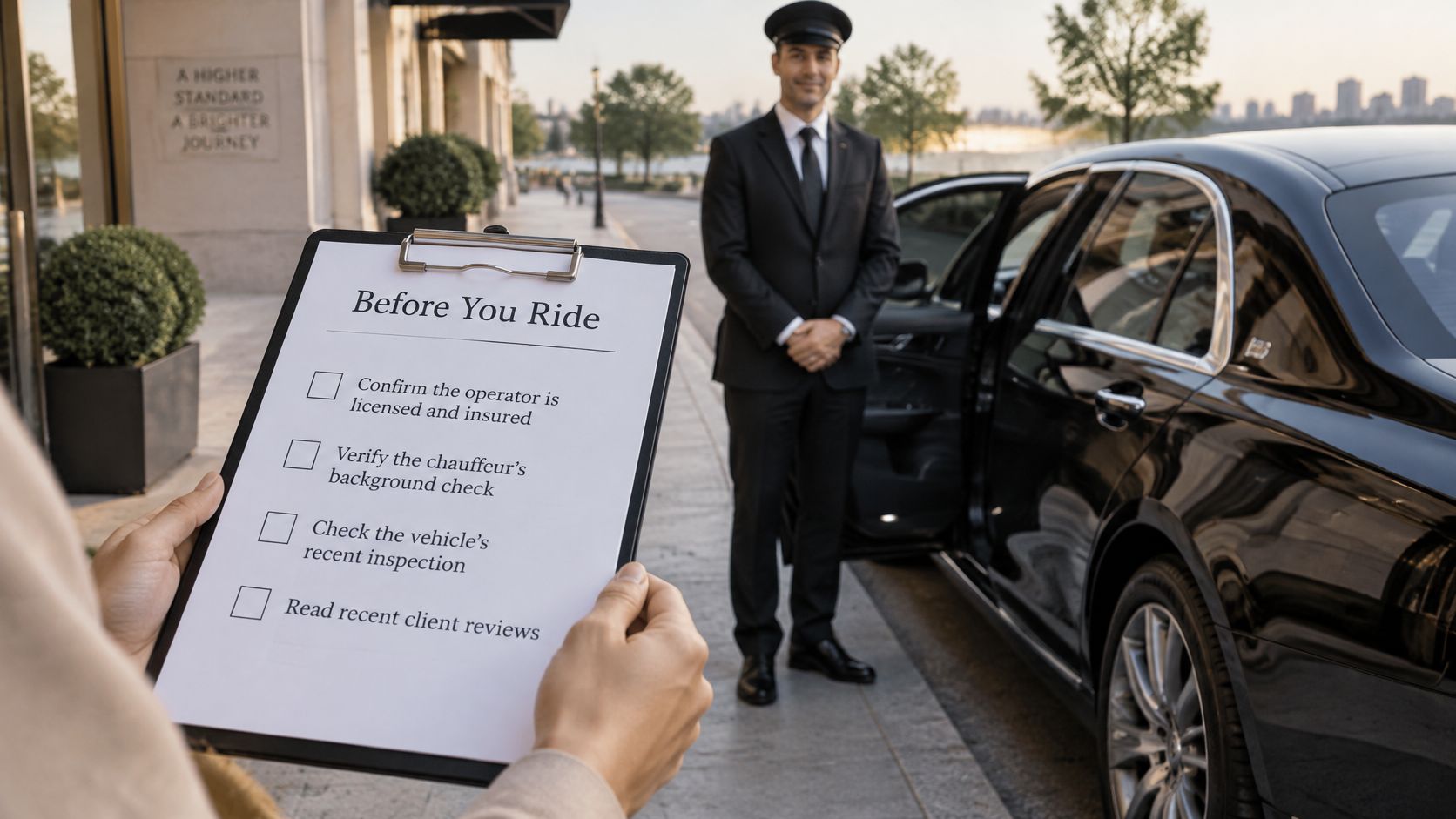 A person holds a checklist titled Before You Ride while a professional chauffeur waits by a car.