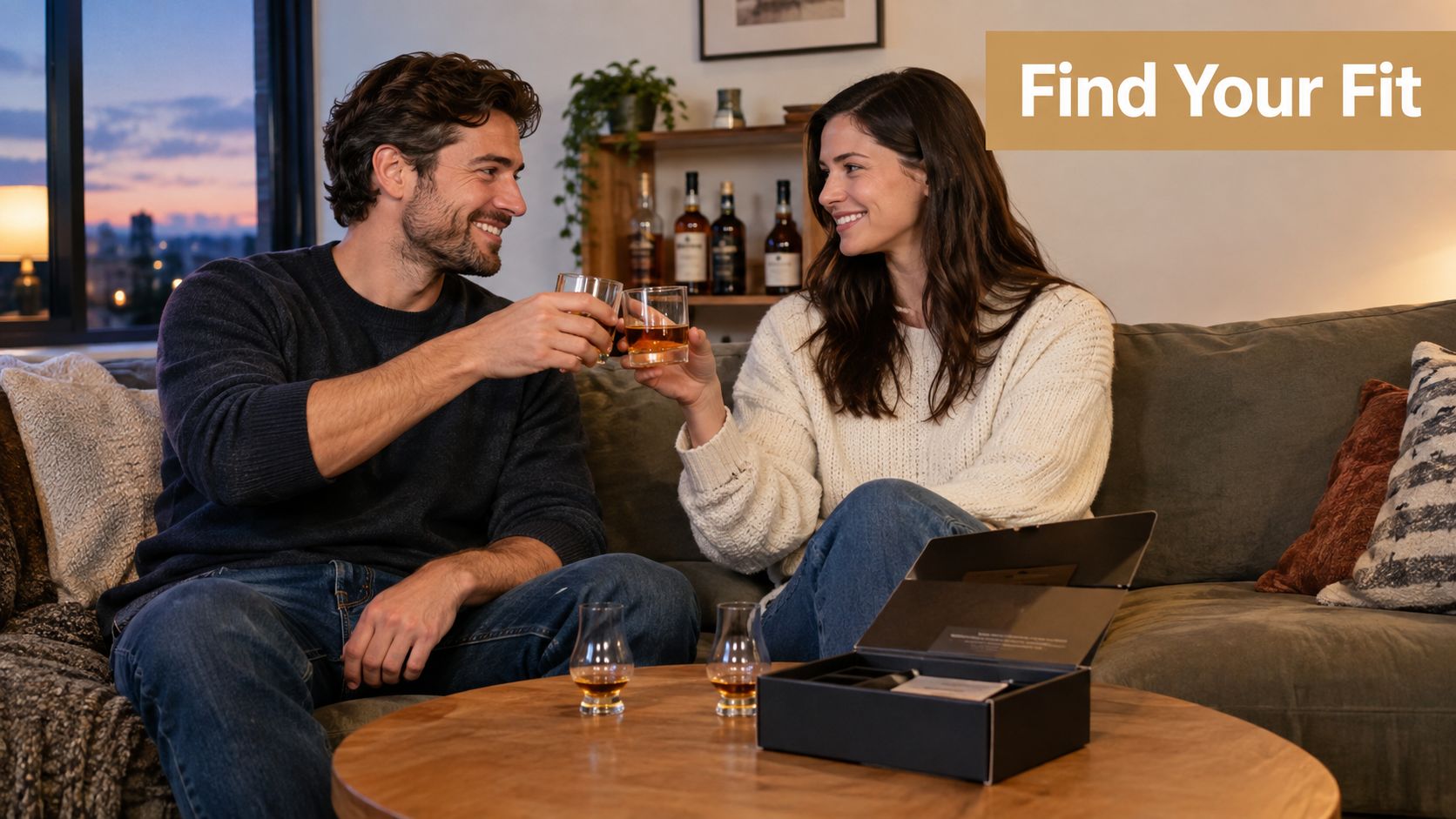 A happy couple sitting on a couch at home, toasting with glasses of bourbon whiskey.