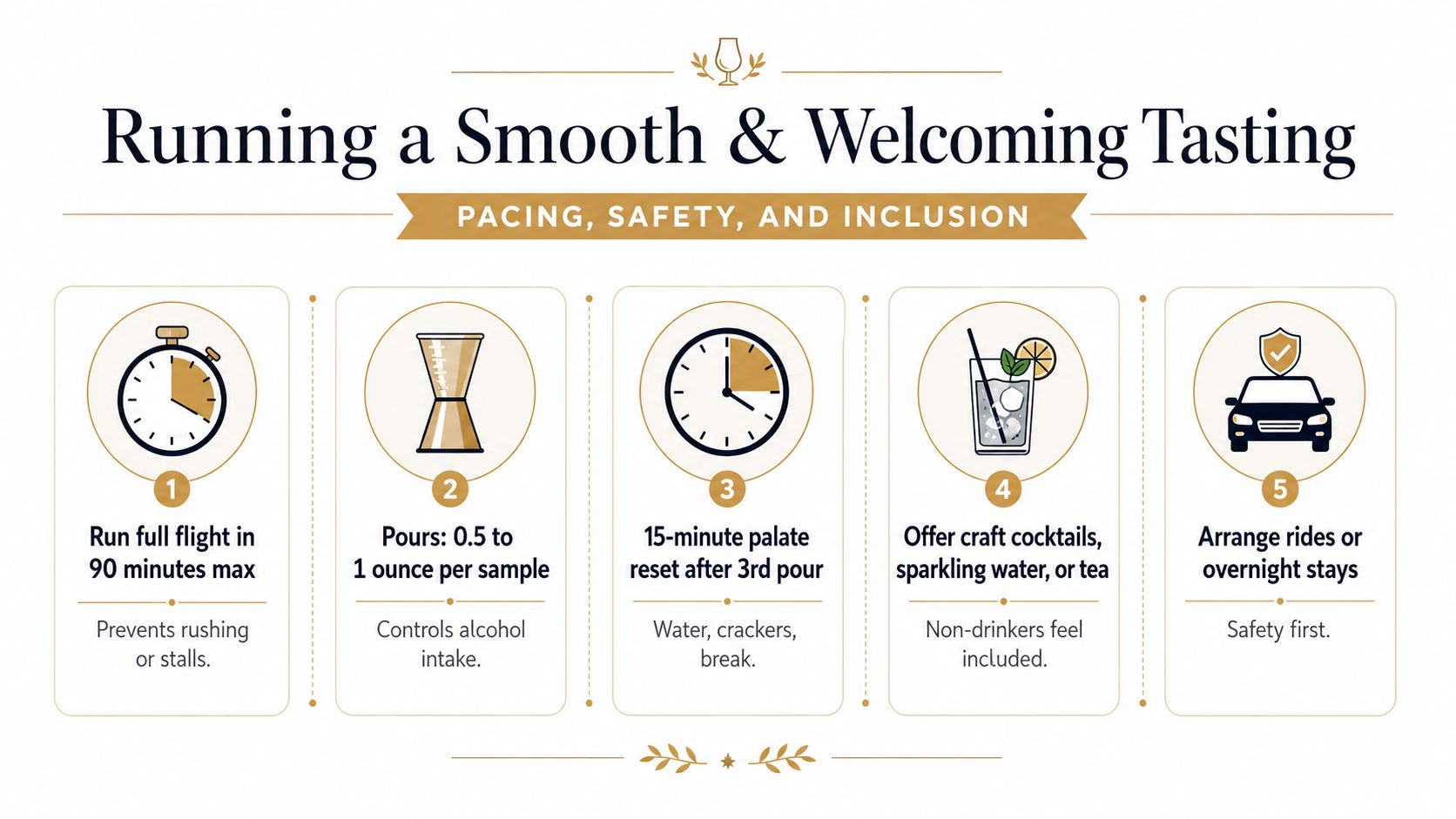 An infographic titled Running a Smooth and Welcoming Tasting listing five tips for hosting a safe tasting event.