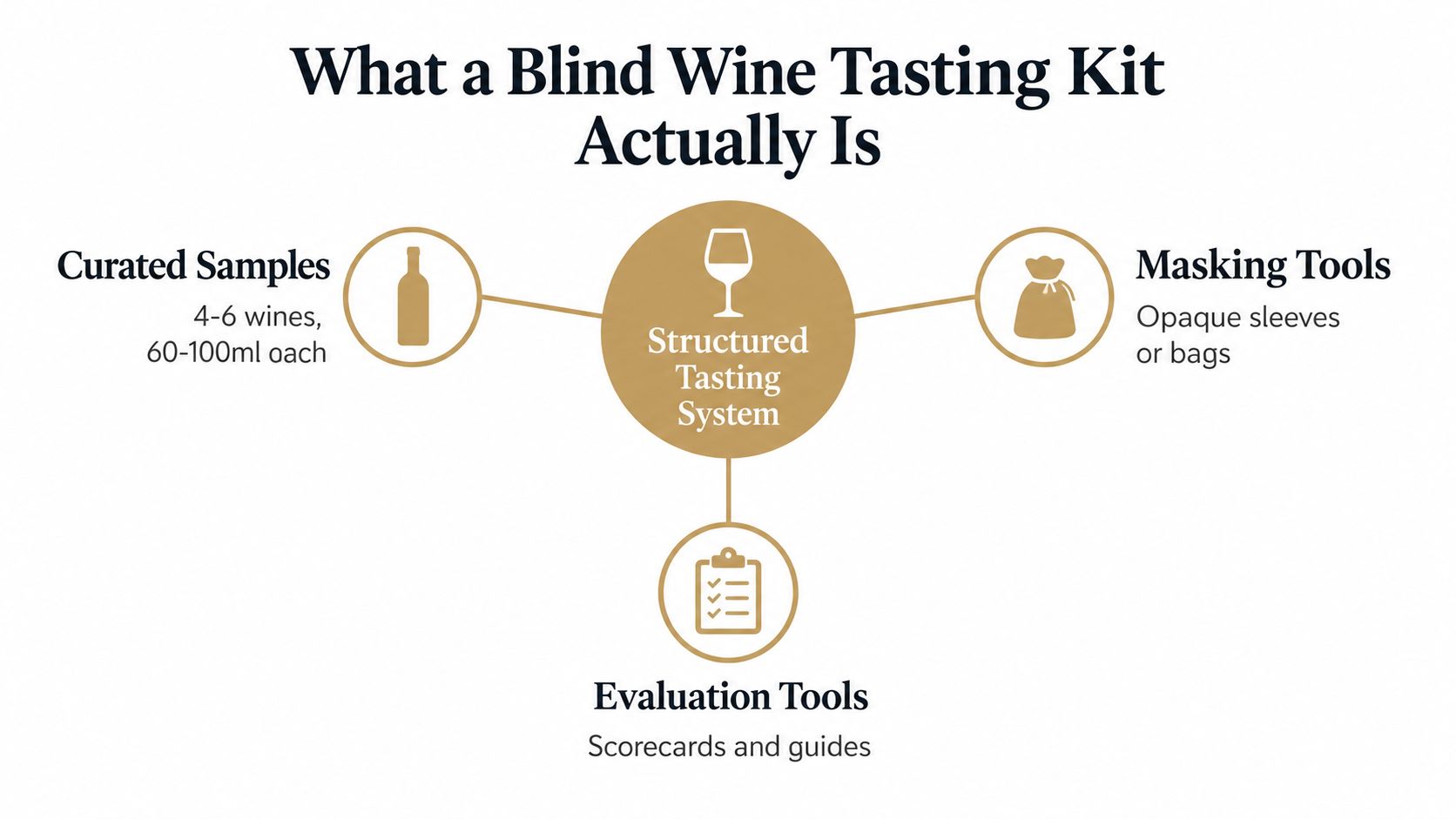 A diagram illustrating the three essential components of a blind wine tasting kit including wine samples, masking tools, and evaluation guides.