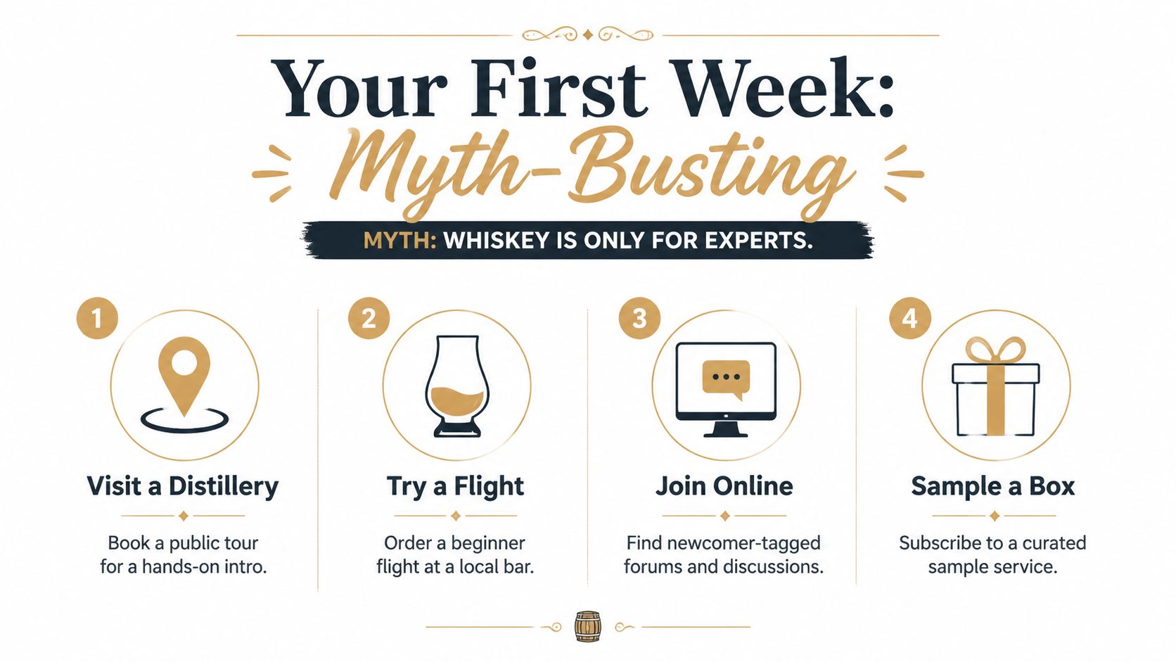 An infographic titled Your First Week Myth-Busting showing four steps for beginners to explore whiskey culture.