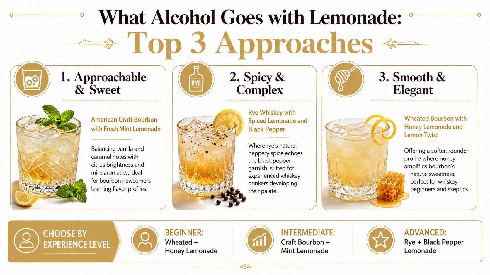 An infographic illustrating three distinct cocktail recipes mixing different types of whiskey with various lemonade flavors.