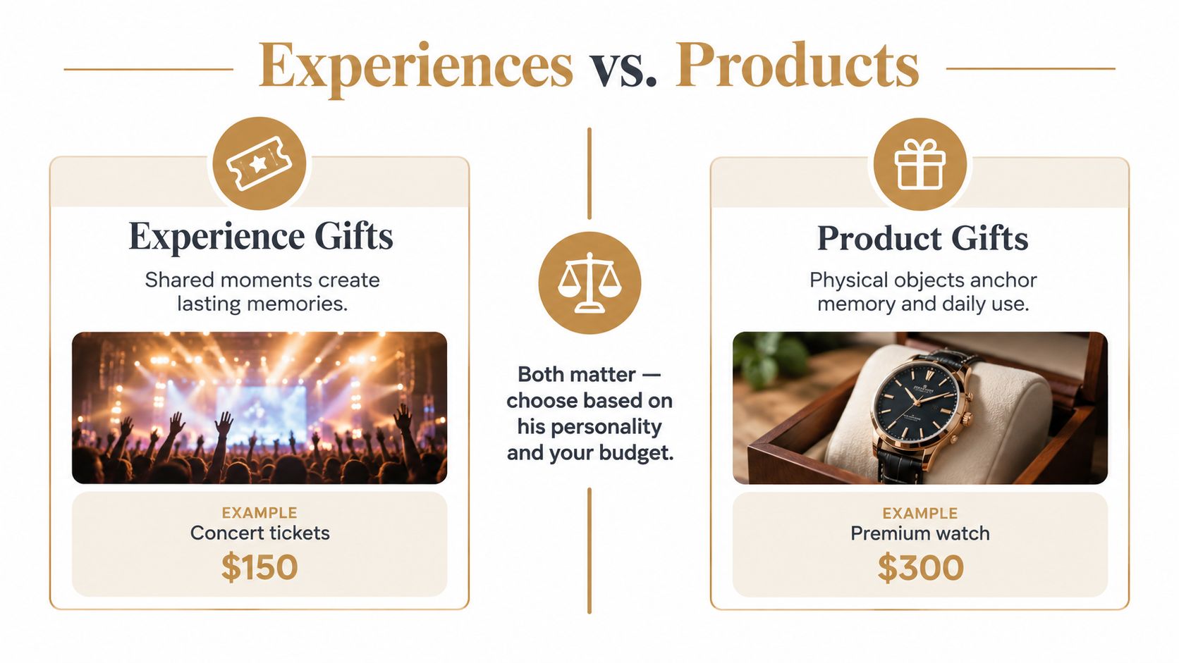 A comparison infographic between experience gifts and product gifts, showcasing concert tickets versus a premium watch.