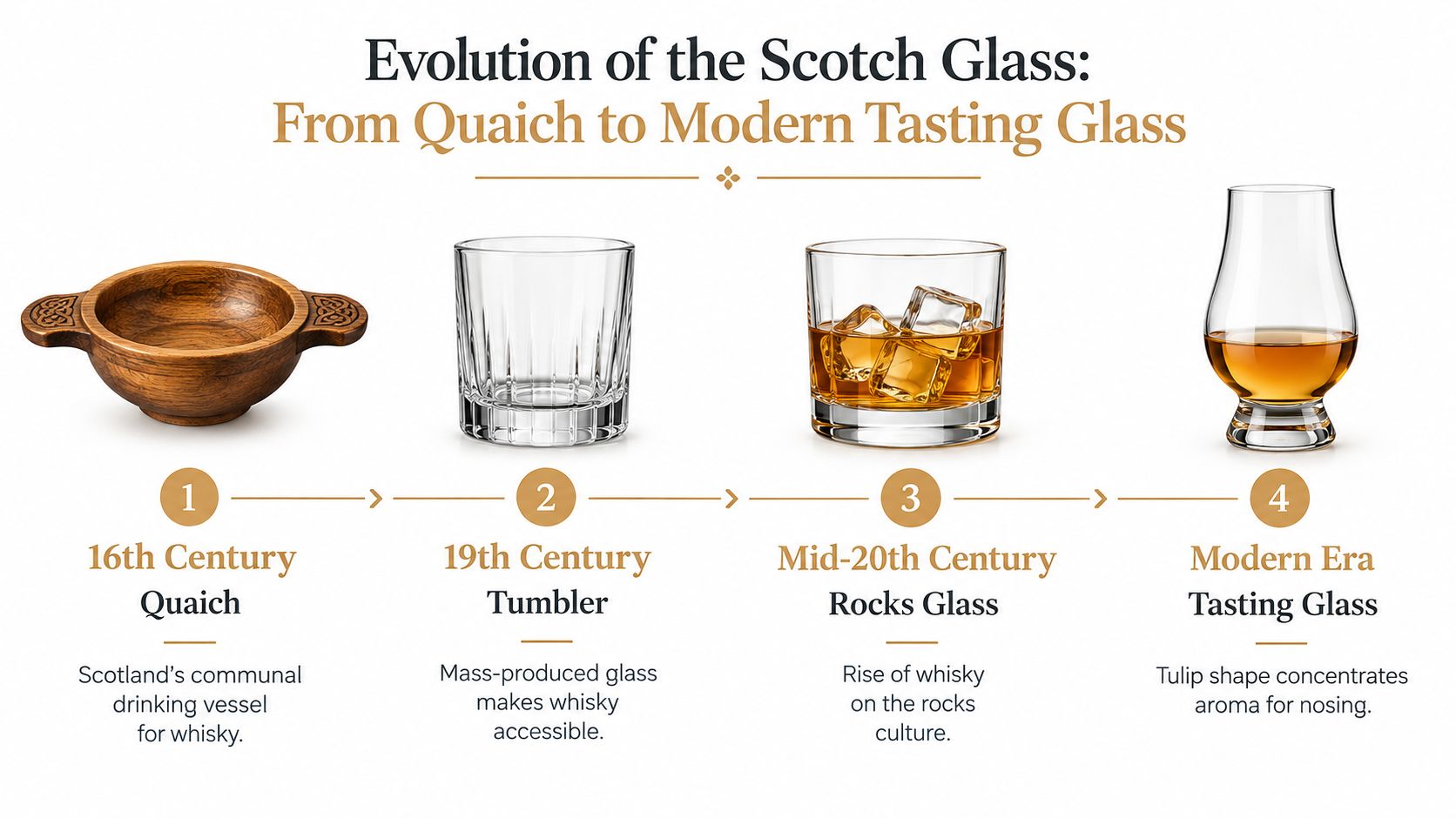 A diagram illustrating the evolution of the Scotch whisky drinking vessel from the 16th century to modern times.