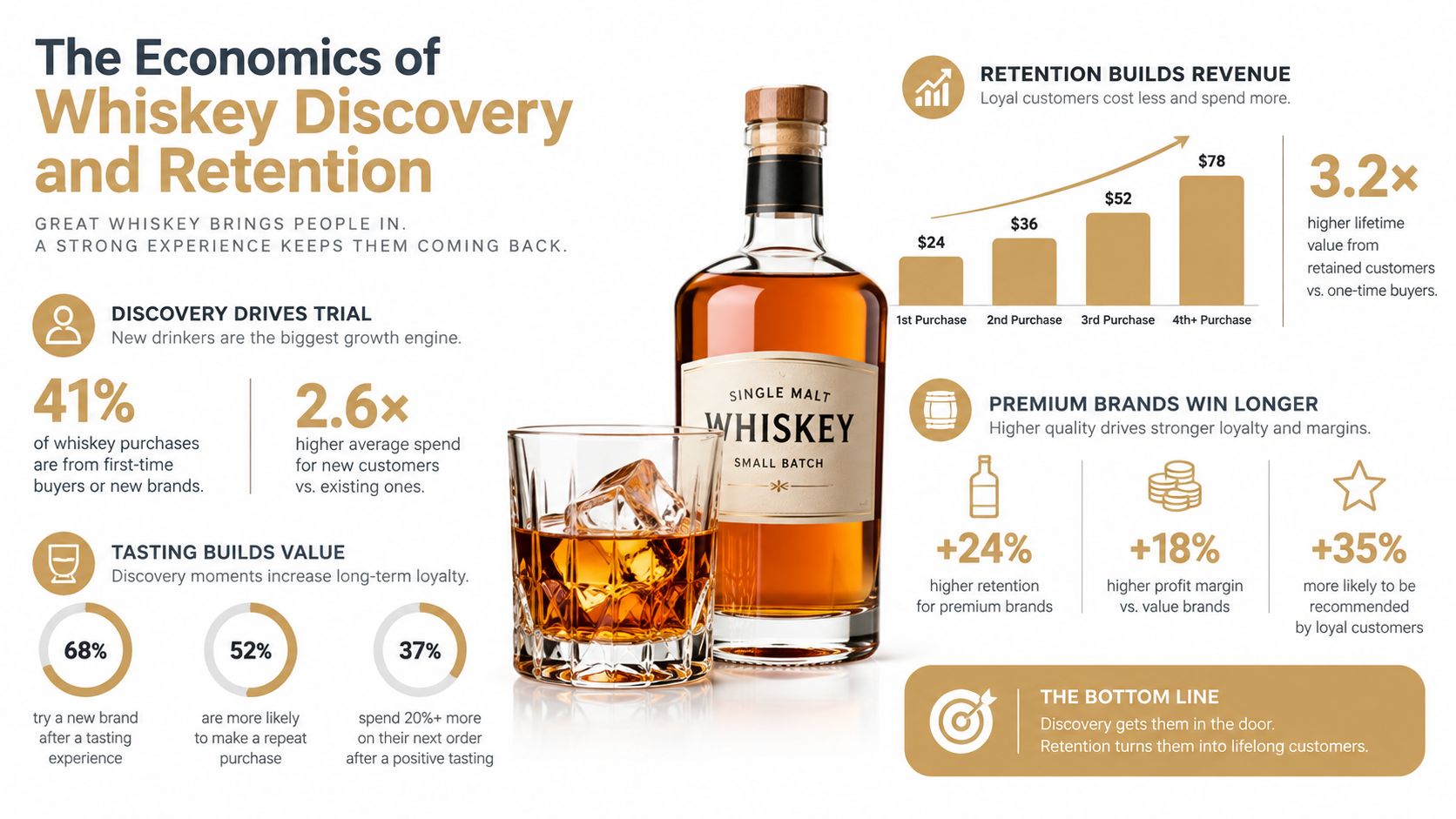 An infographic detailing the economics of whiskey discovery and customer retention through brand loyalty and positive tasting experiences.