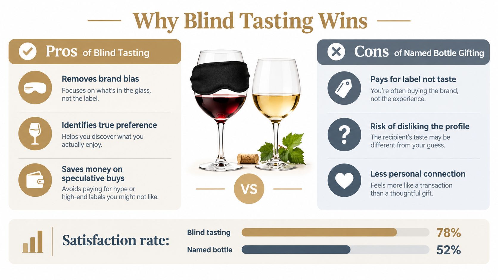 An infographic comparing the benefits of blind wine tasting versus purchasing named bottles as gifts.