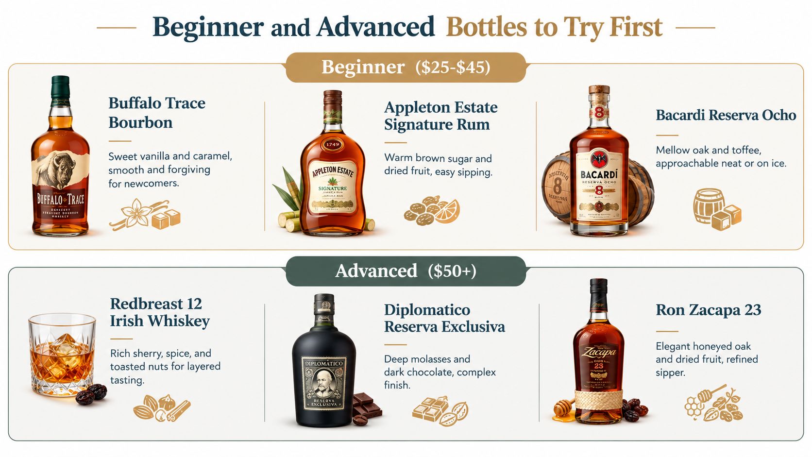A visual guide comparing beginner and advanced bottles of dark liquor, including specific recommendations with flavor notes.