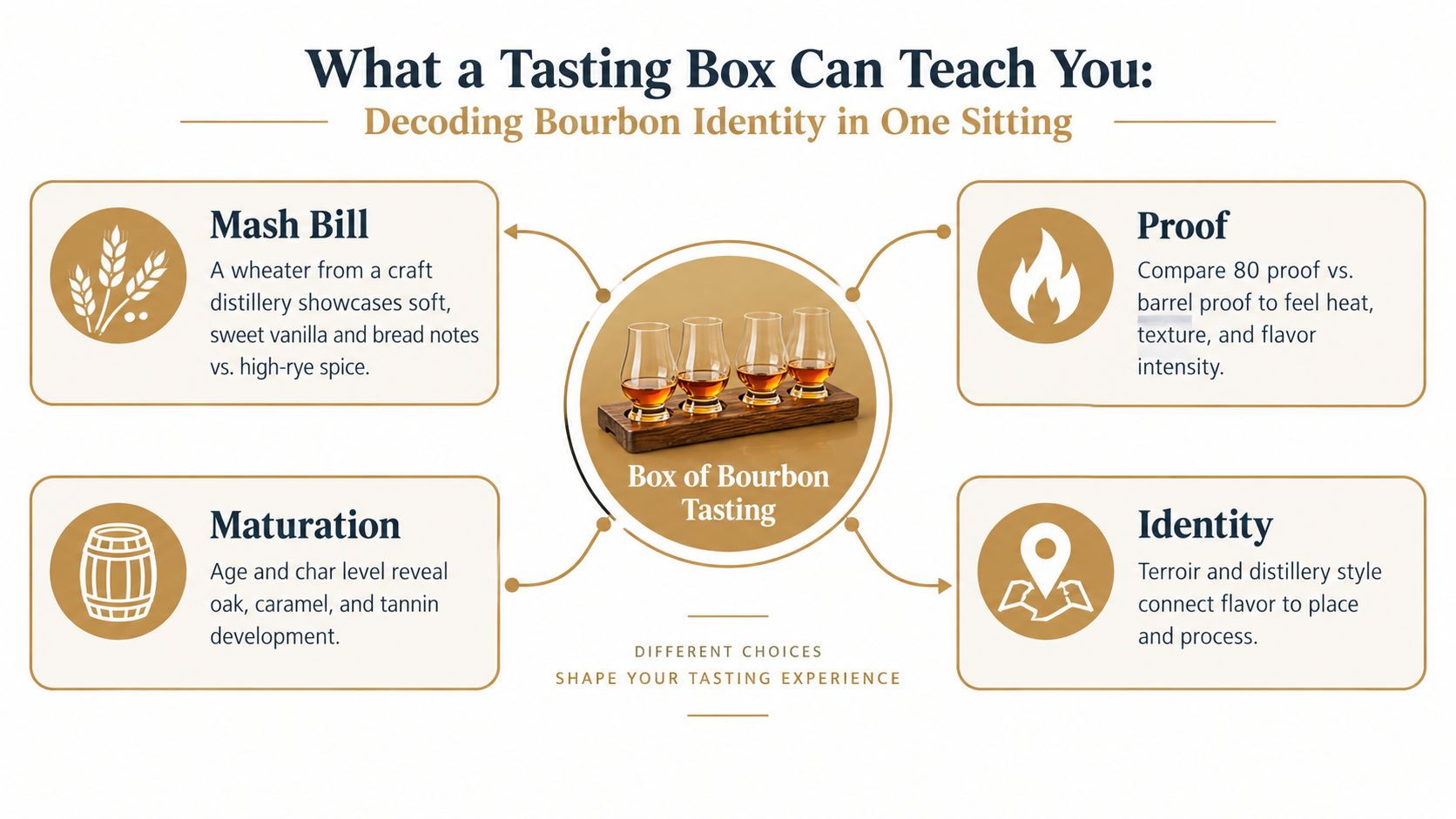 A visual guide explaining how a bourbon tasting box teaches you about mash bills, proof, maturation, and identity.