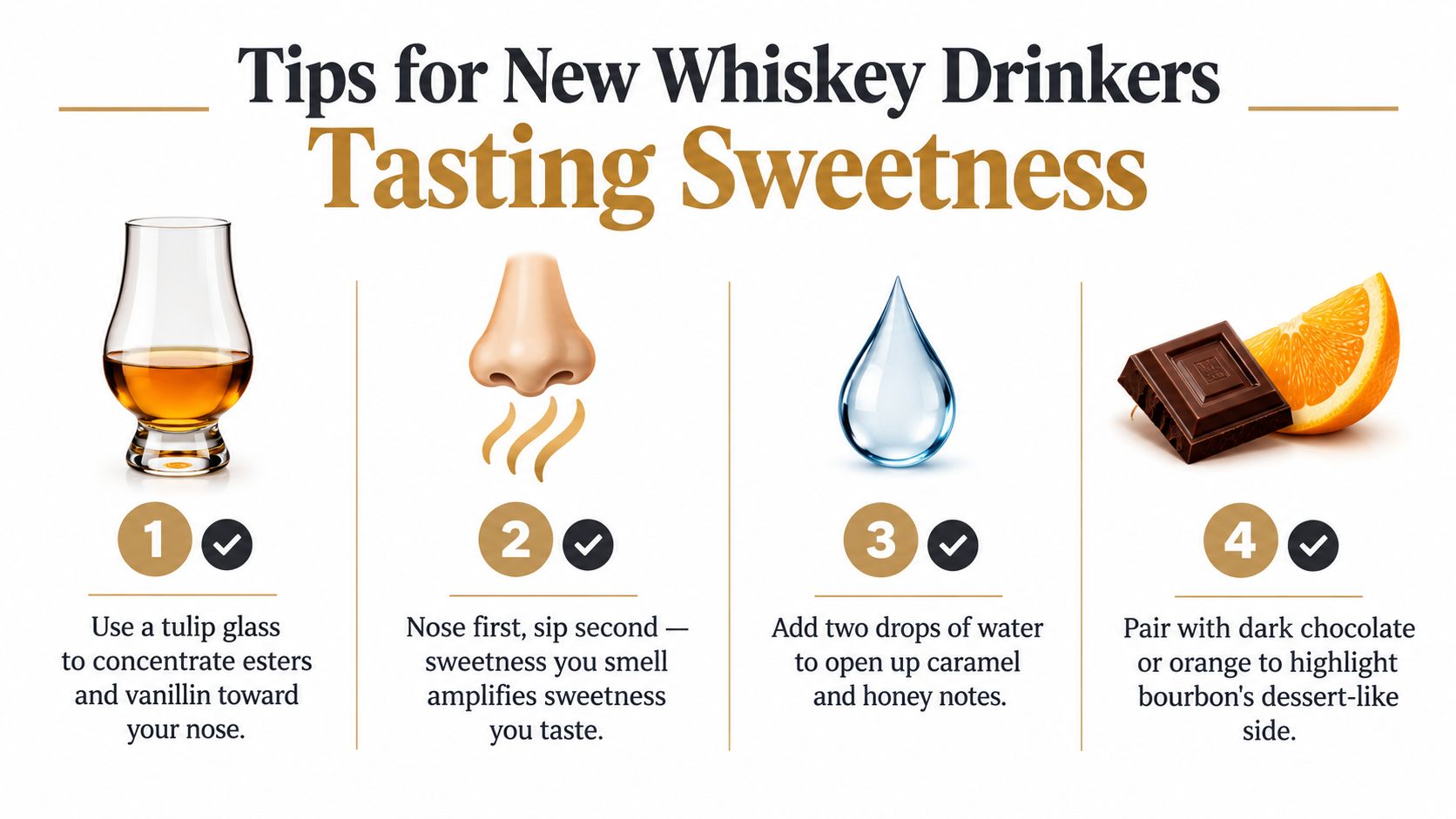 An infographic titled Tips for New Whiskey Drinkers showing four steps to taste sweetness in bourbon.