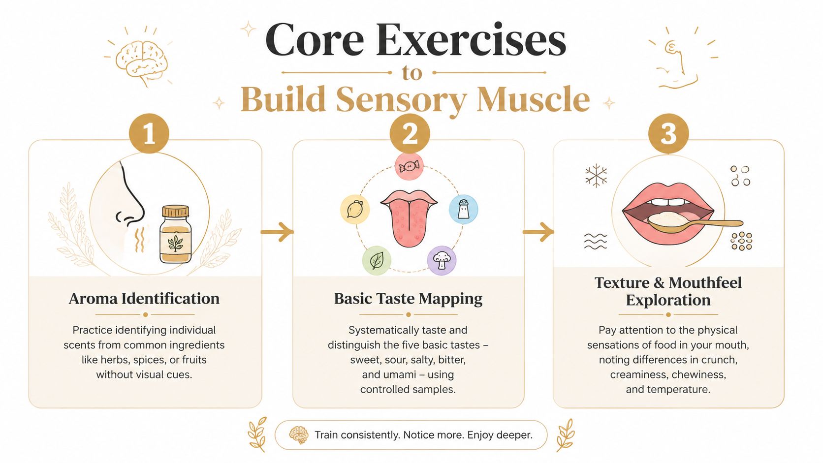 A diagram showing three core exercises to build sensory muscle for tasting: aroma identification, taste mapping, and texture exploration.