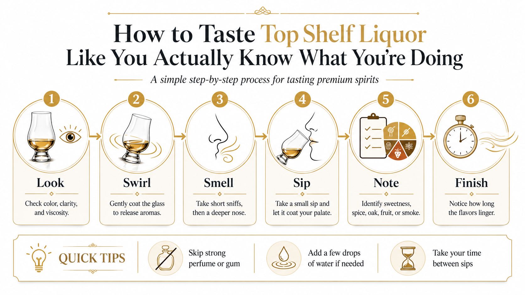 An infographic titled How to Taste Top Shelf Liquor showing six steps for tasting premium spirits.