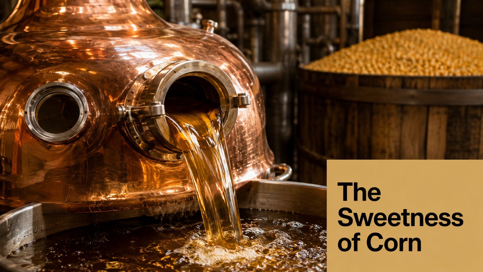 A copper distillery still pouring amber whiskey into a metal vat with a barrel of corn nearby.