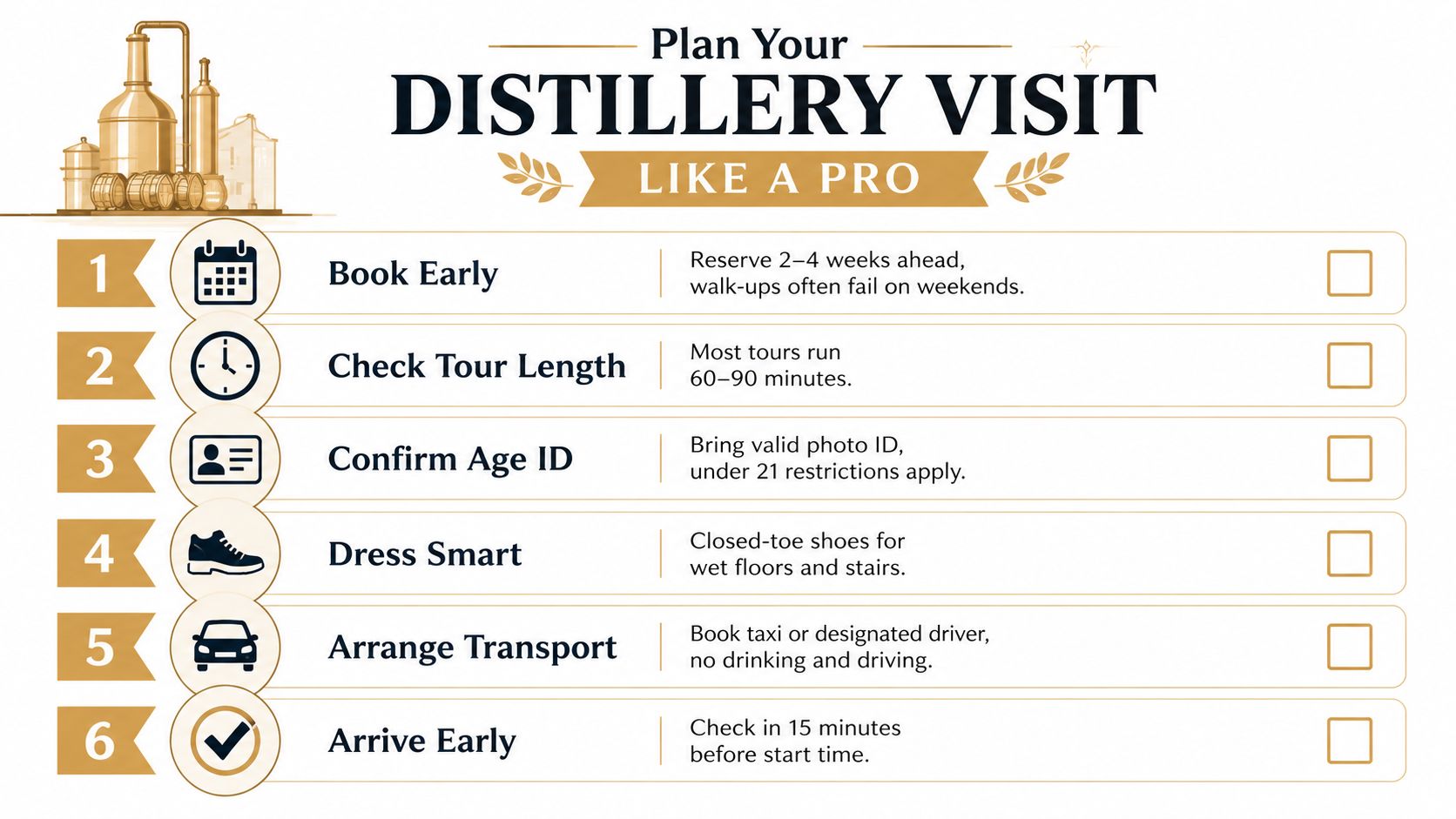 A checklist infographic titled Plan Your Distillery Visit Like A Pro with six tips for visitors.