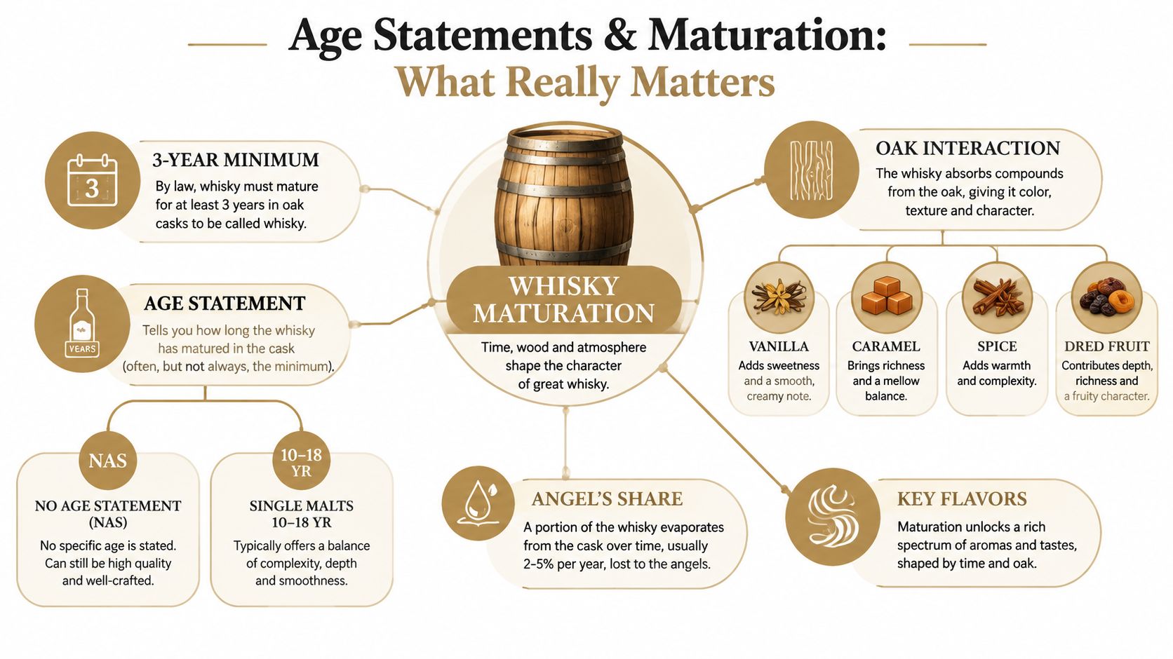 An infographic explaining the whisky maturation process, including oak interaction, age statements, angel's share, and key flavors.