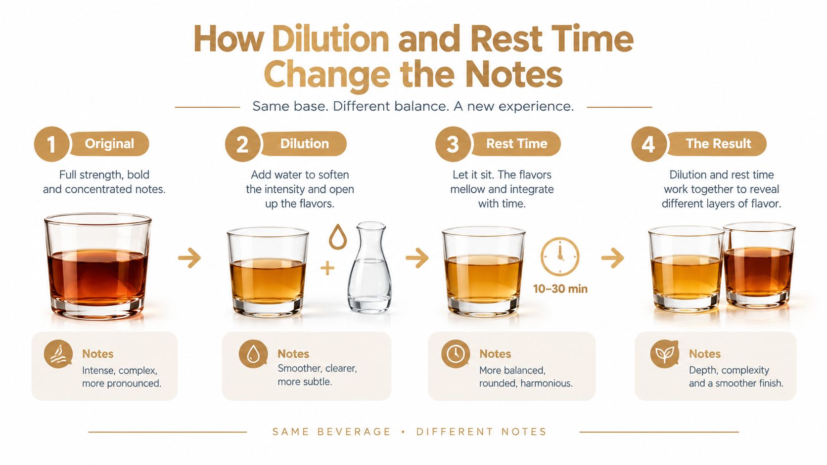 A four-step infographic illustrating how adding water and resting time improves the flavor notes of scotch.