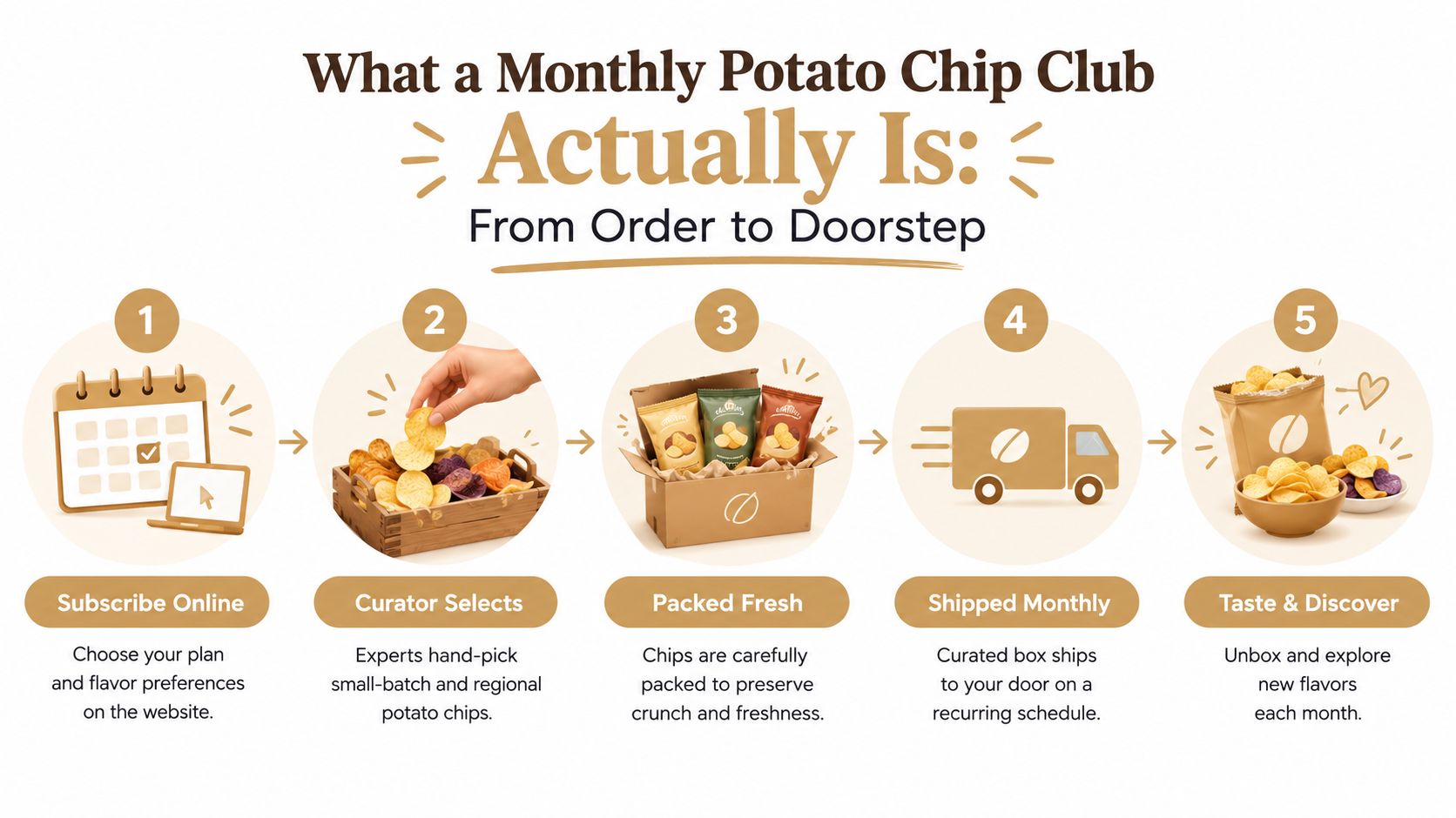 A five-step infographic showing the process of joining and receiving a monthly potato chip subscription box.