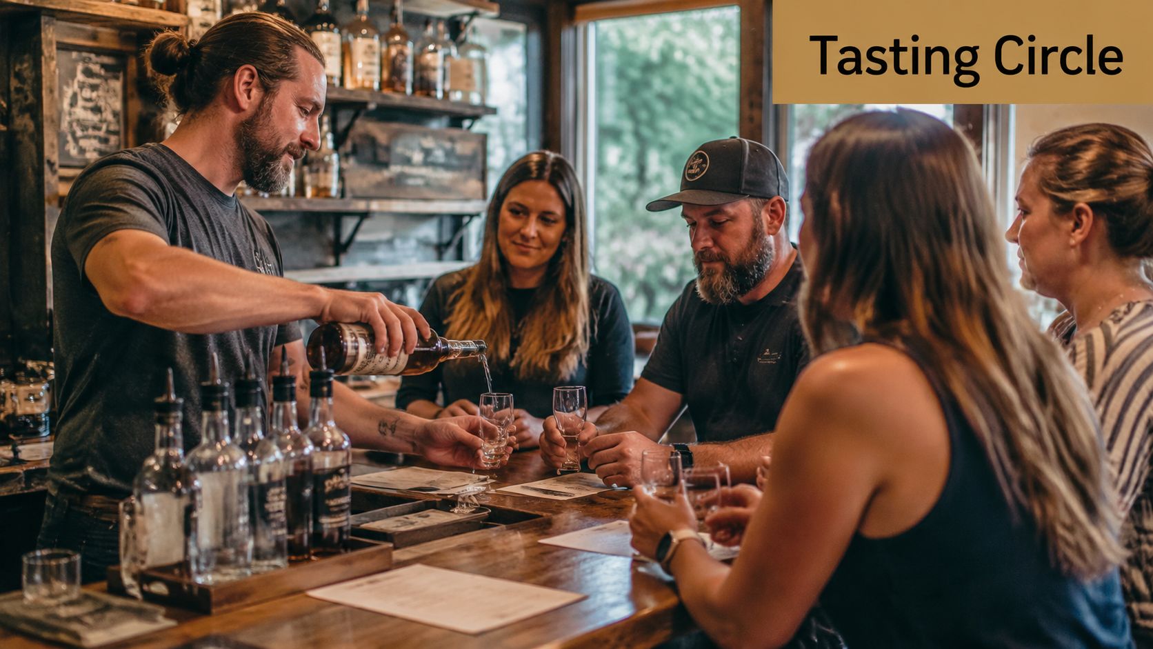 A bearded man pouring whiskey into glasses for a group of people sitting at a bar counter.