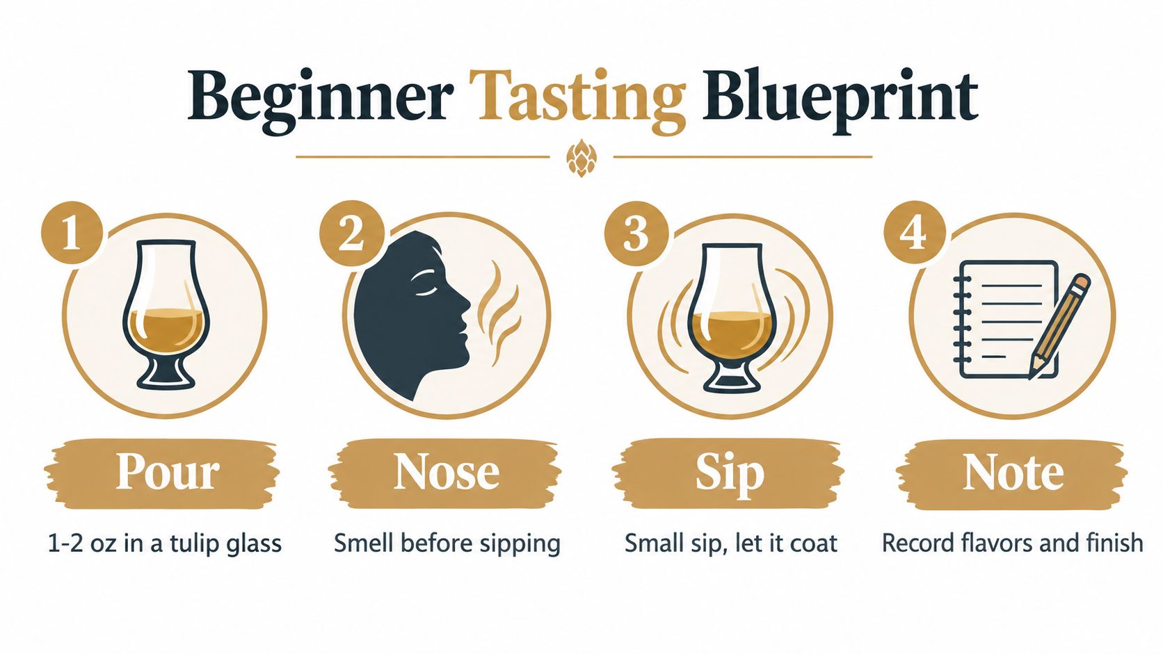 A four-step beginner tasting blueprint infographic explaining how to pour, nose, sip, and note whiskey.