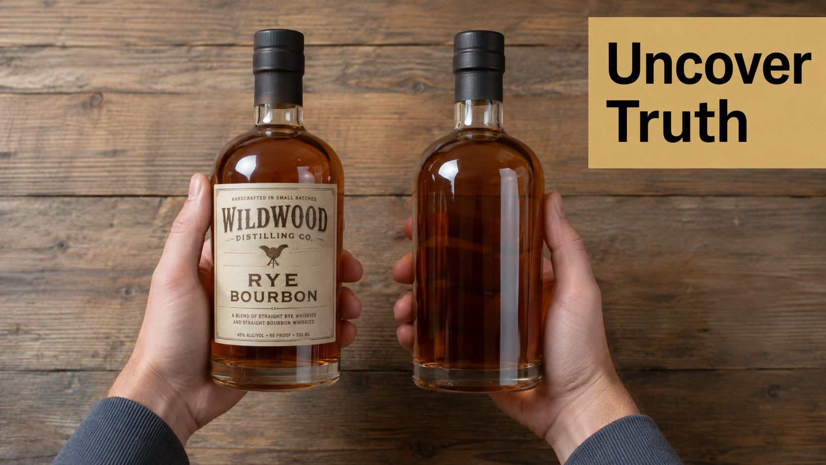 A person holding two bottles of Wildwood Distilling Co. rye bourbon whiskey on a rustic wooden table.