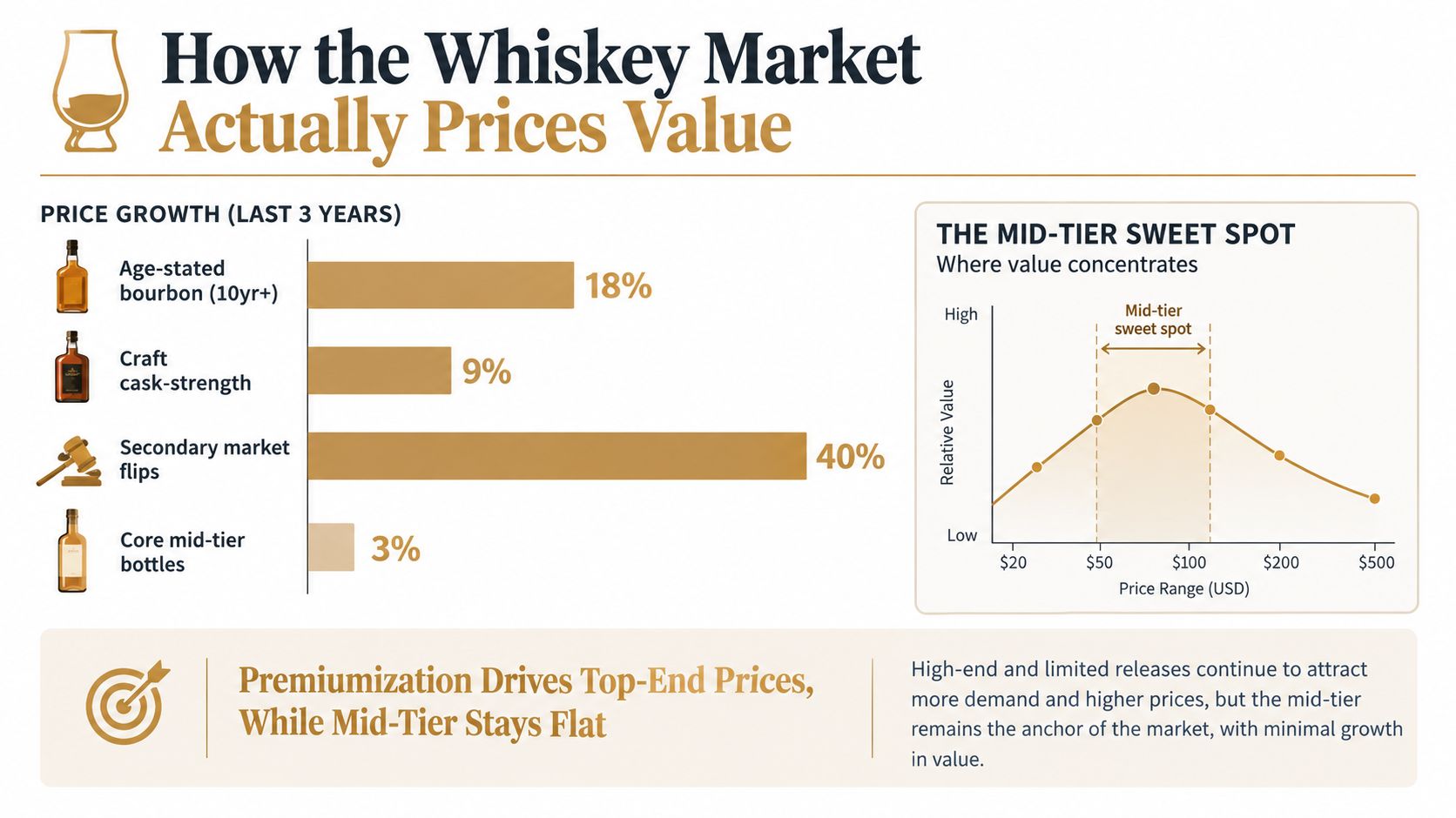A chart illustrating whiskey price growth and the market value distribution for different price ranges.