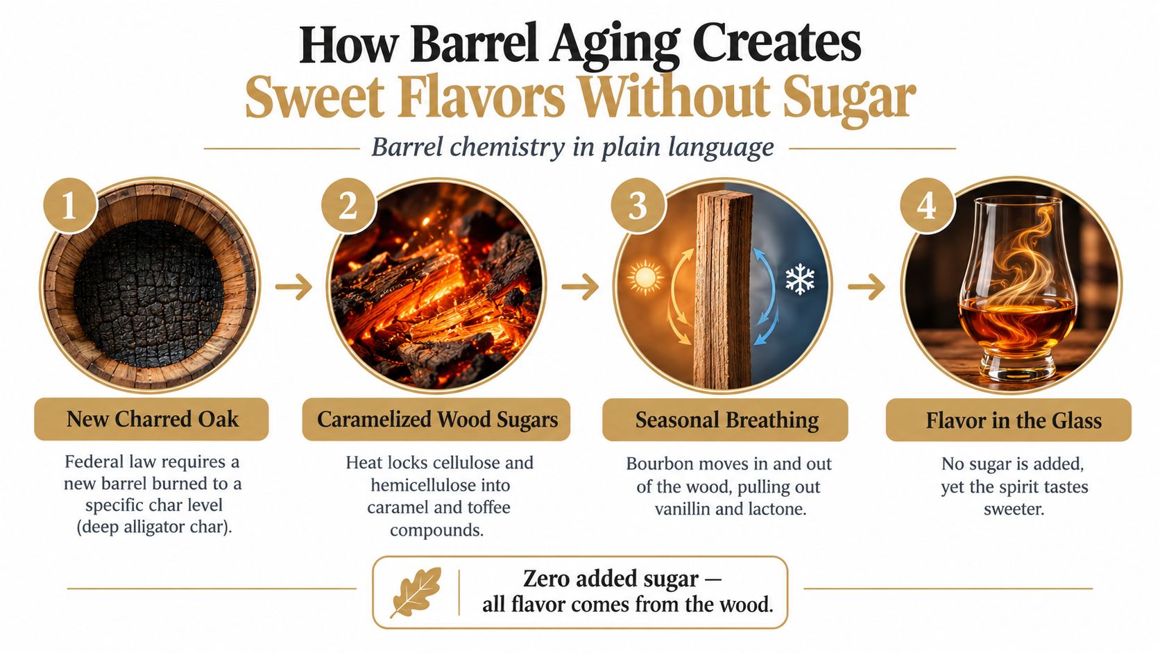 An infographic titled How Barrel Aging Creates Sweet Flavors Without Sugar illustrating the bourbon aging process.