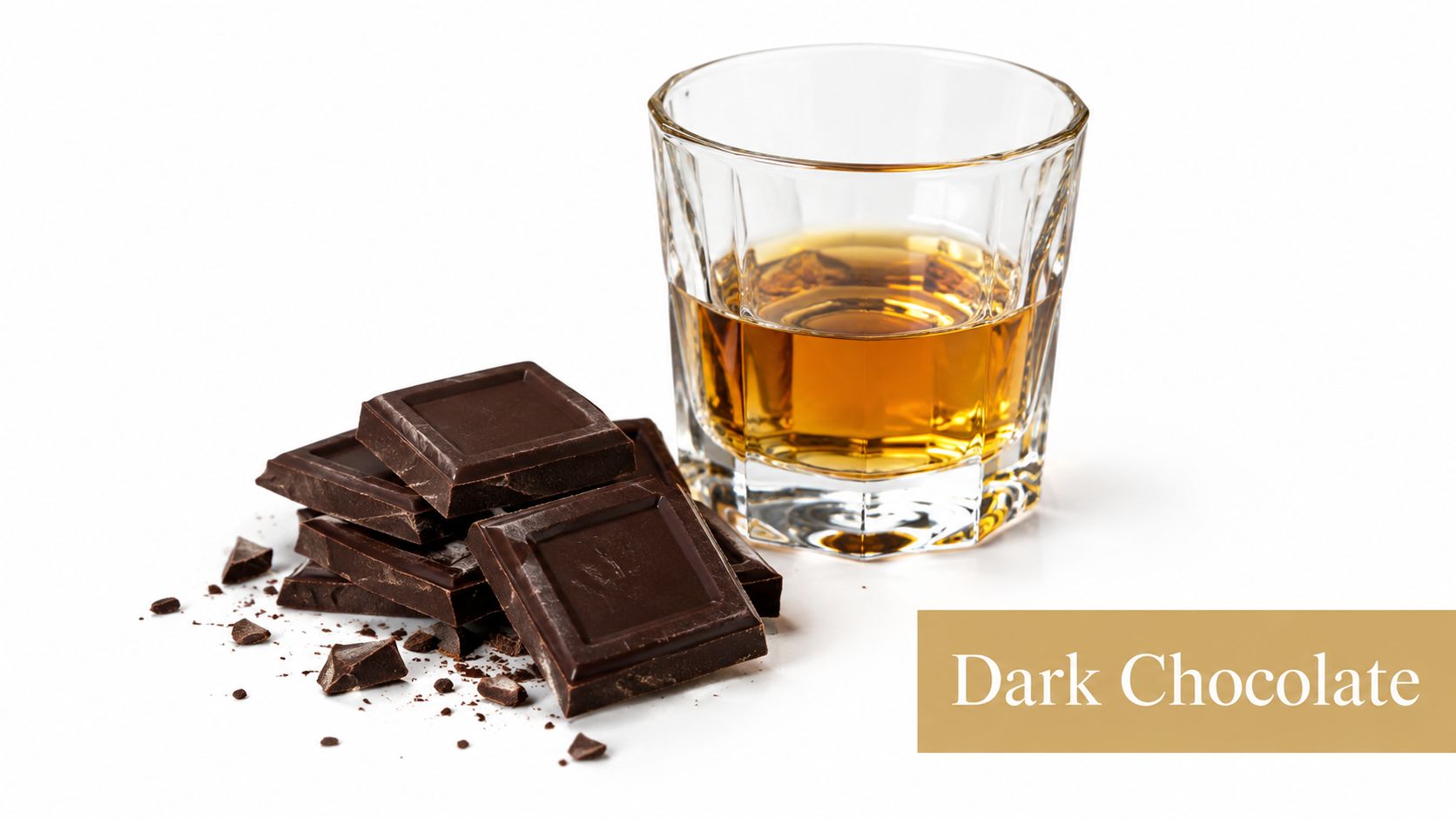 A glass of whiskey accompanied by a small stack of dark chocolate pieces on a white background.
