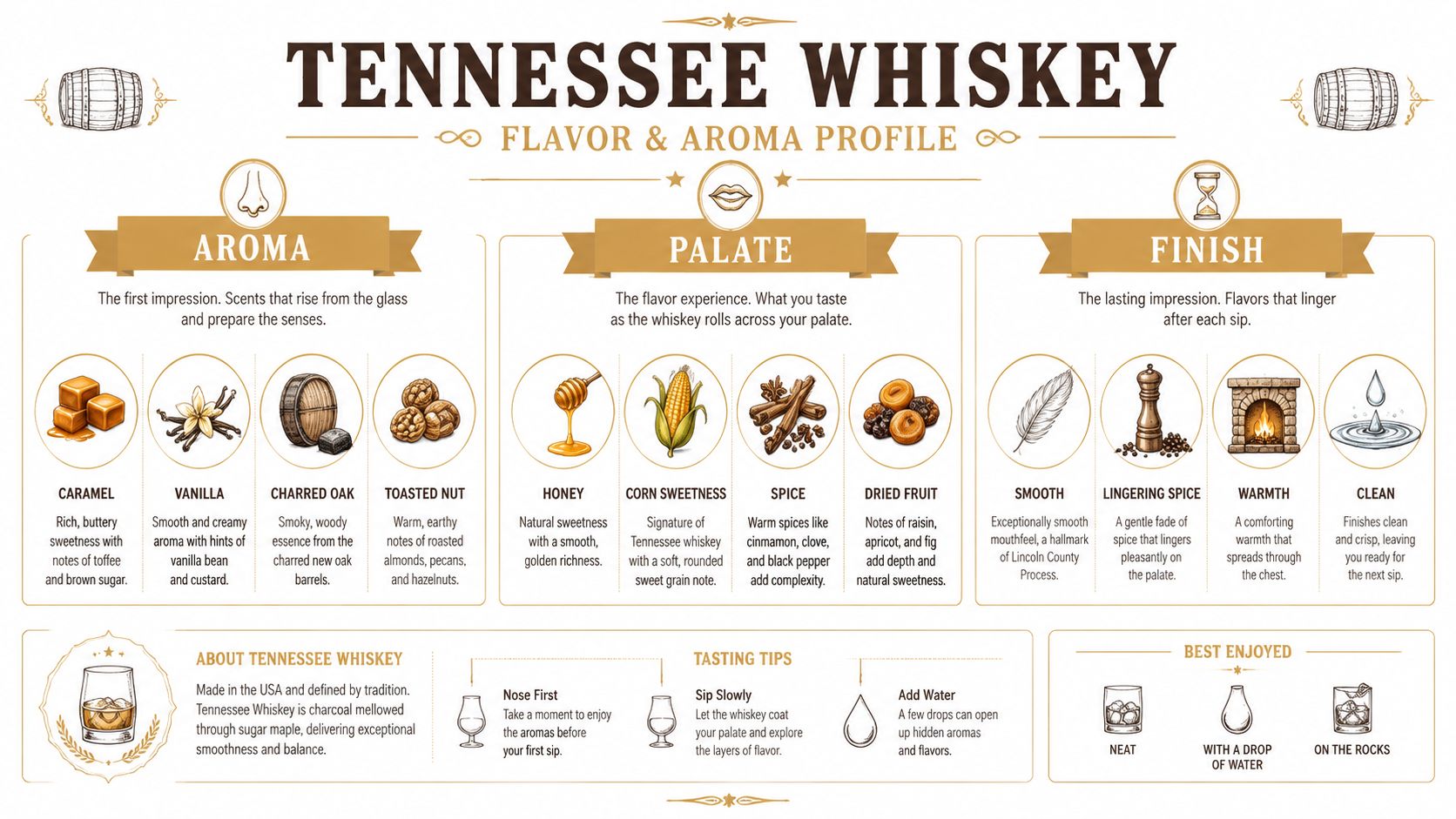 An infographic detailing the aroma, palate, and finish flavor profiles of Tennessee whiskey with tasting tips.