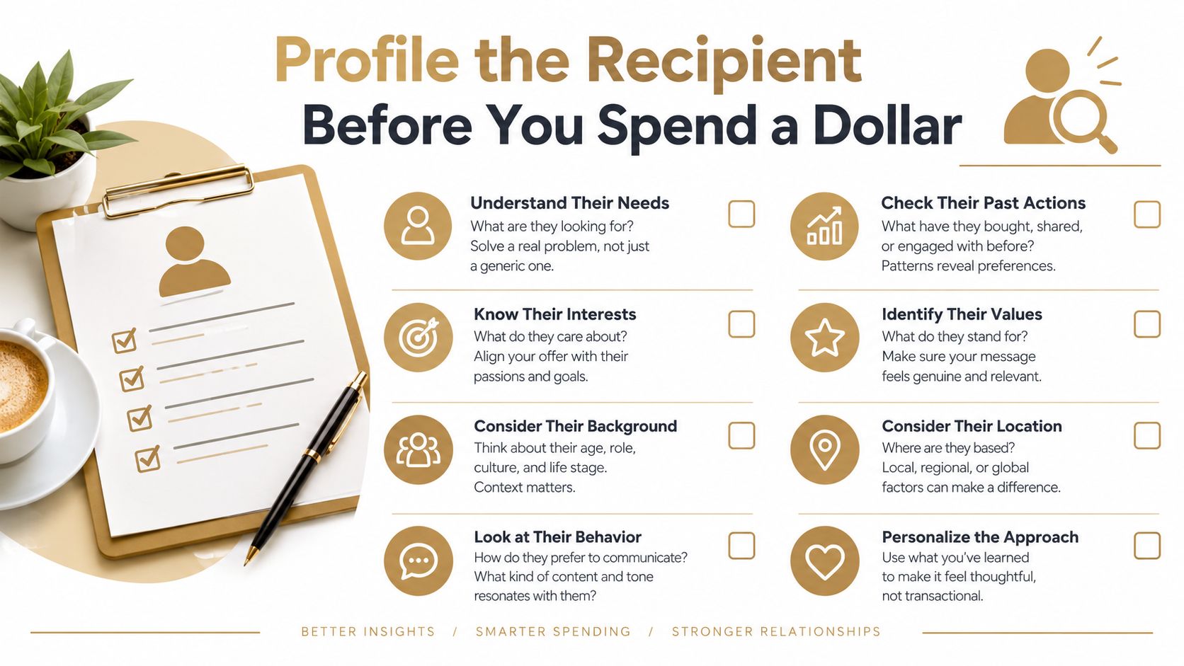 A marketing guide on a clipboard showing steps to profile recipients before making business purchases.