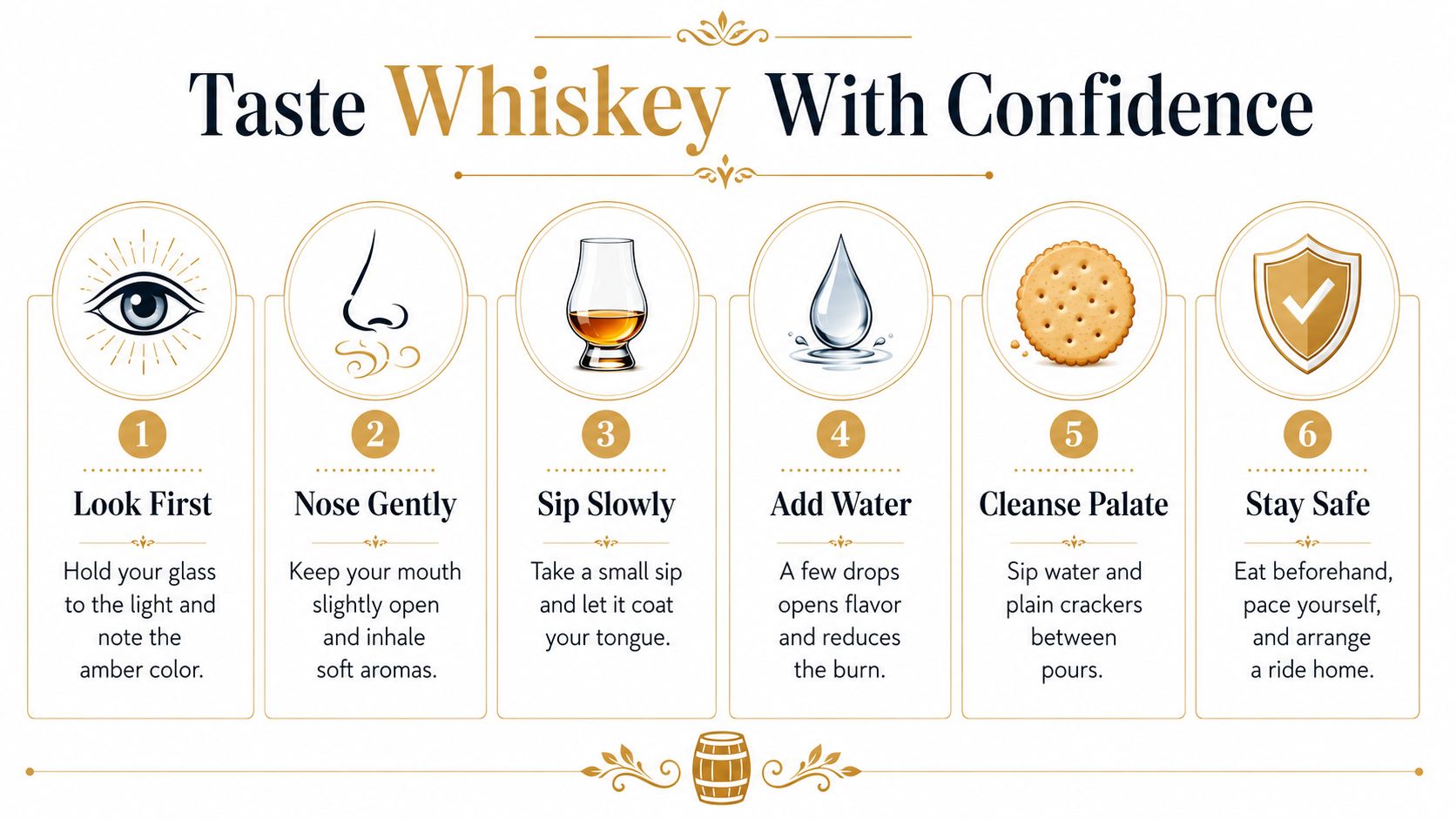 An educational infographic with six numbered steps showing how to properly taste and enjoy whiskey.