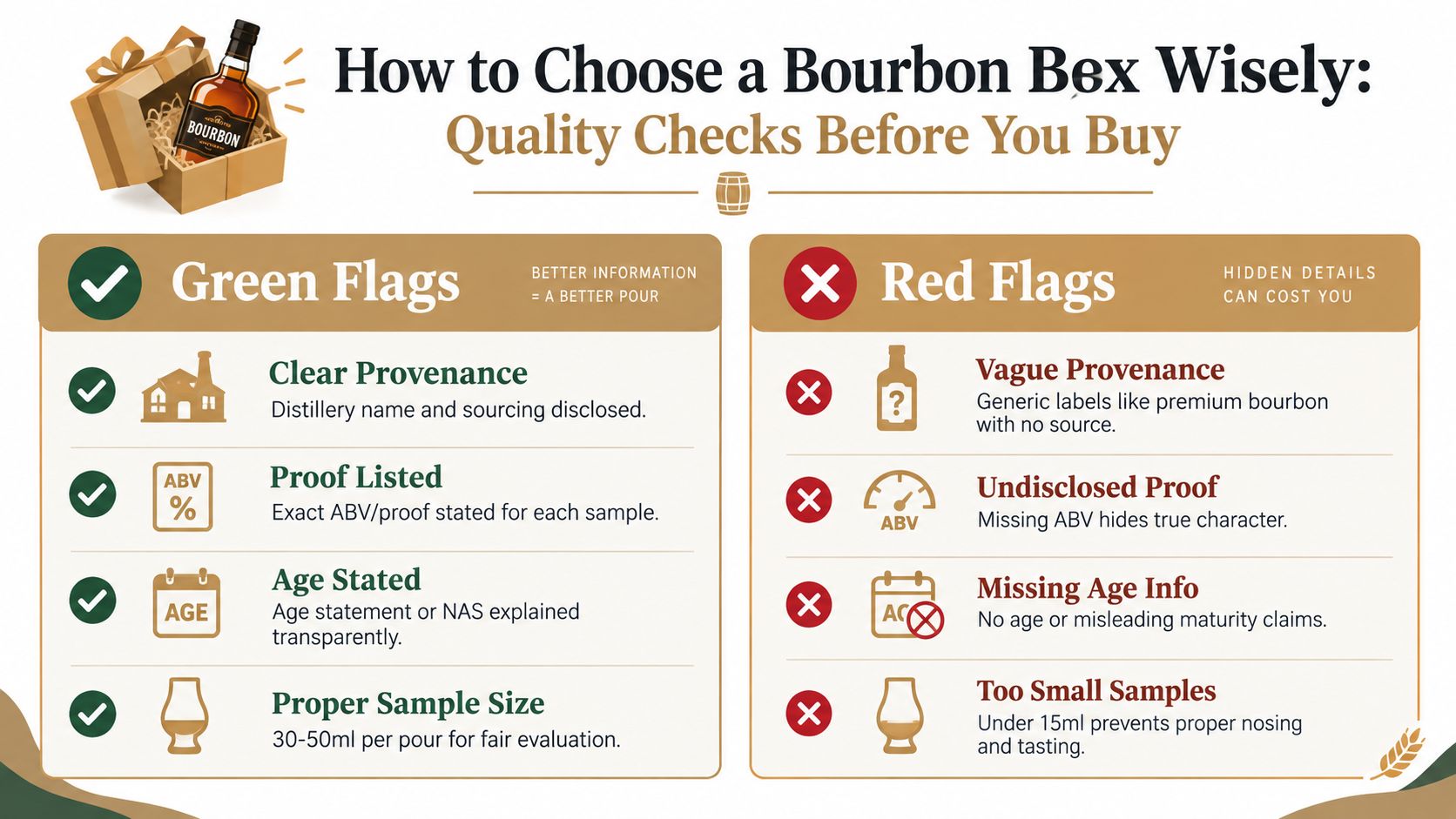 An infographic titled How to Choose a Bourbon Box Wisely showing green flag quality indicators and red flag warnings.