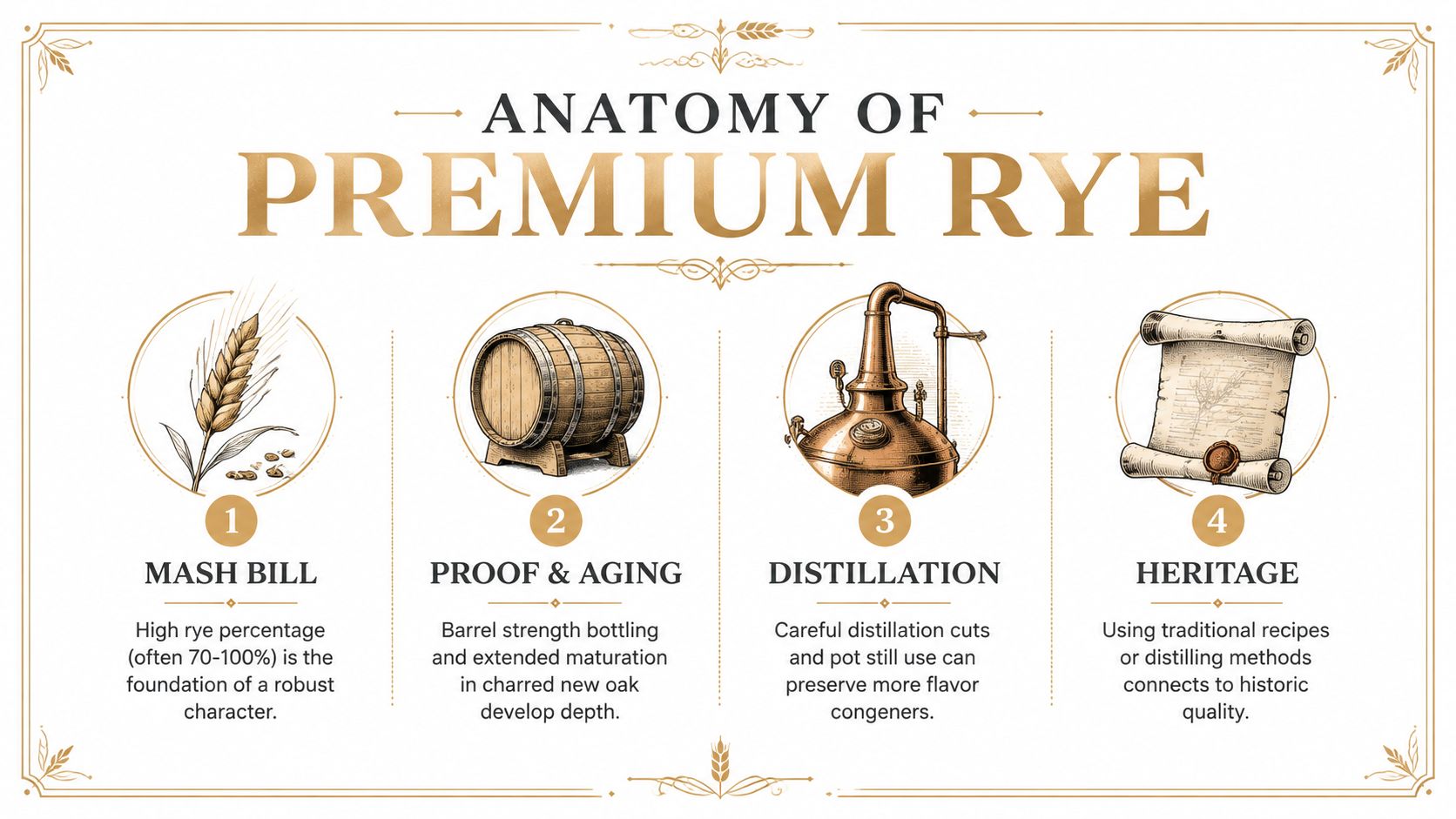An infographic detailing the four key pillars of crafting premium rye whiskey, including mash bill, aging, distillation, and heritage.