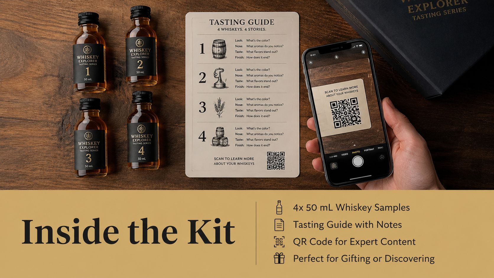 A whiskey tasting kit featuring four 50ml bottles, a guide, and a smartphone scanning a QR code.