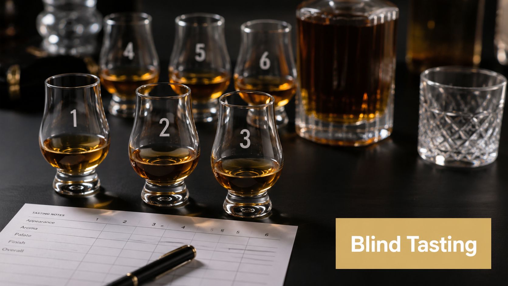 Six numbered tasting glasses of amber whiskey arranged on a dark table with a tasting notes sheet.