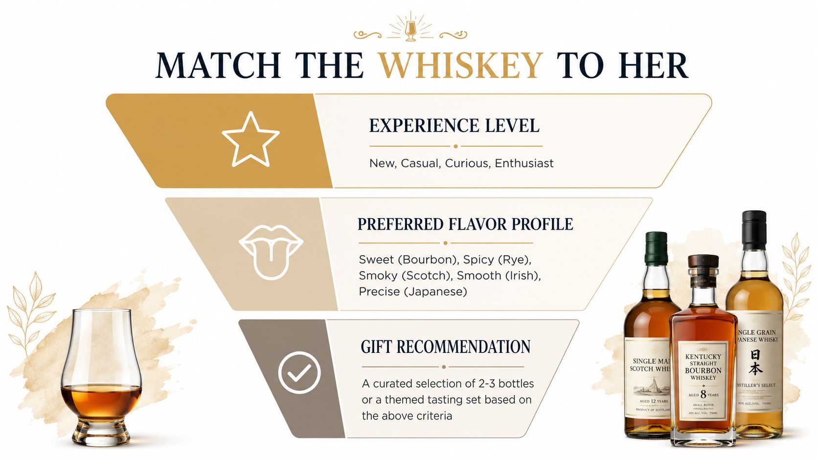 A guide infographic illustrating how to select the perfect whiskey gift for women based on experience and flavor.