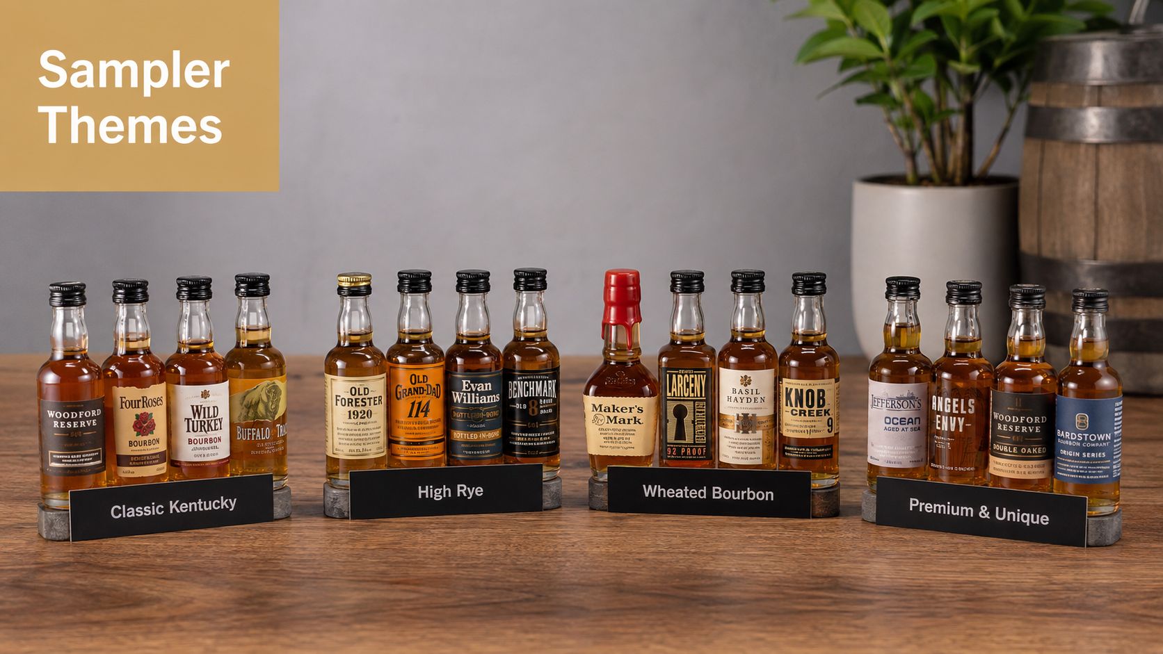 A collection of sixteen miniature bourbon bottles arranged by flavor profiles on a wooden table.