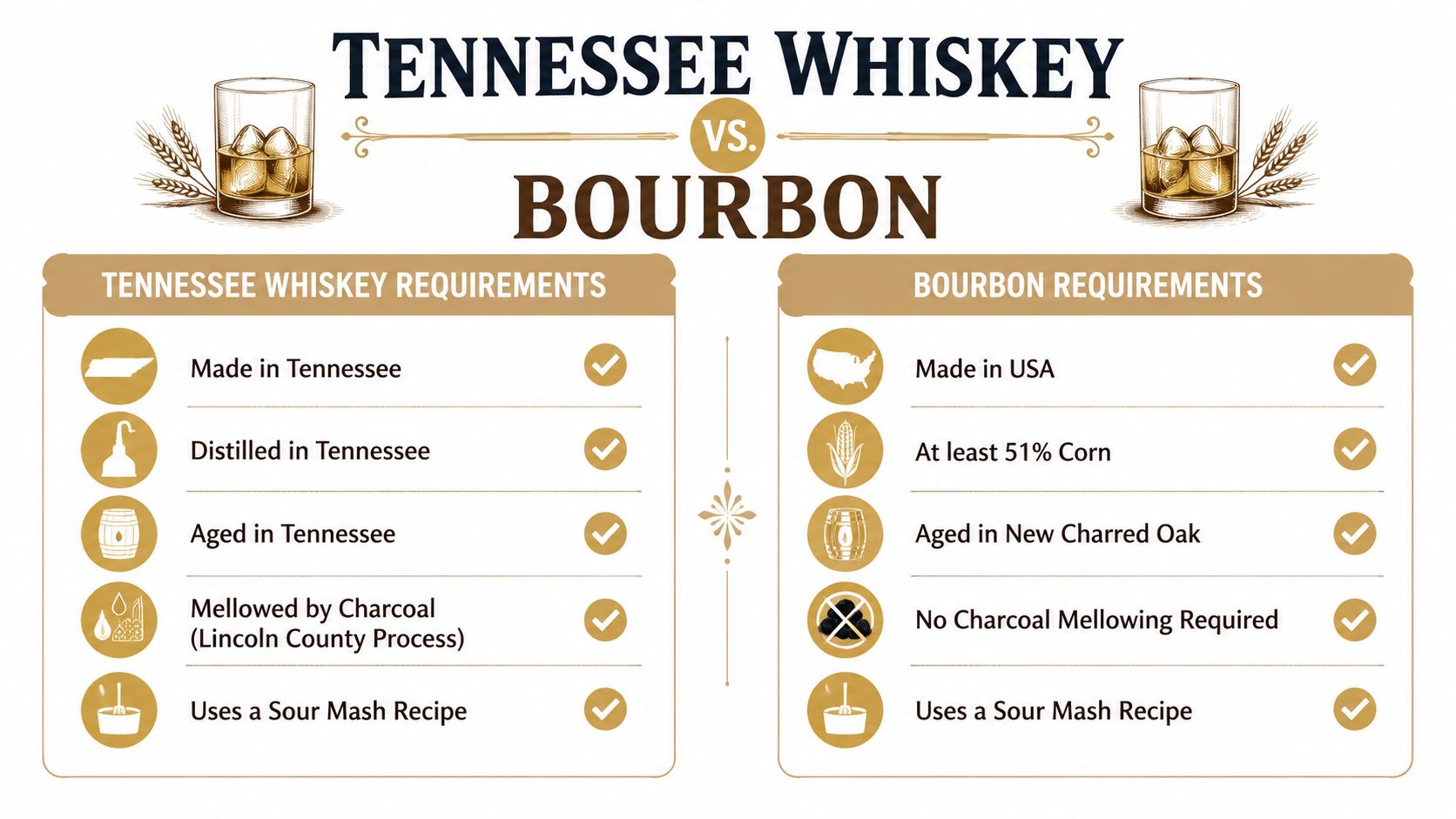 A comparison chart outlining the specific production requirements for Tennessee Whiskey versus Bourbon, highlighting their key similarities and differences.