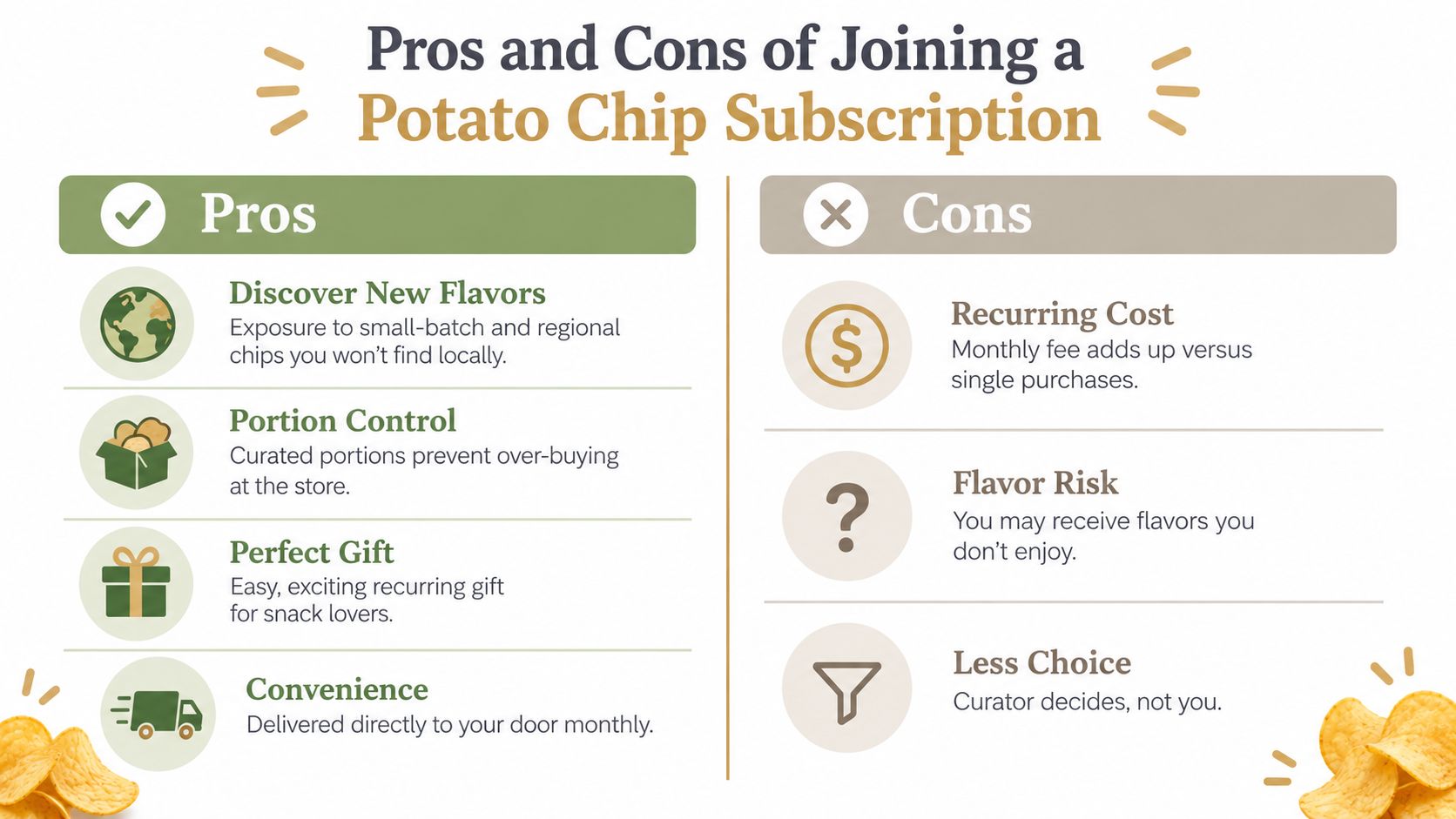 A pros and cons chart for a monthly potato chip subscription service, highlighting benefits and potential drawbacks.