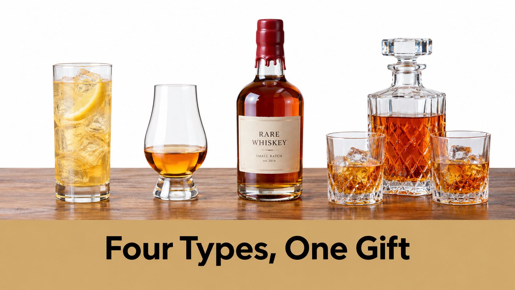 An arrangement of various whiskey glasses and a bottle of Rare Whiskey on a wooden table.