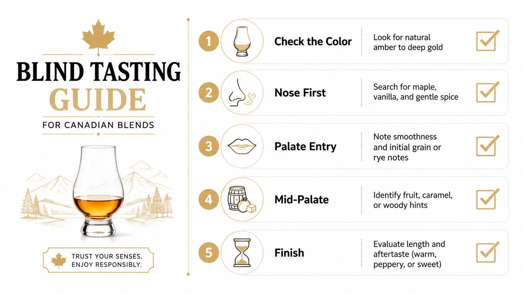 An instructional infographic detailing a five-step blind tasting guide for Canadian blended whiskies featuring icons and descriptive text.
