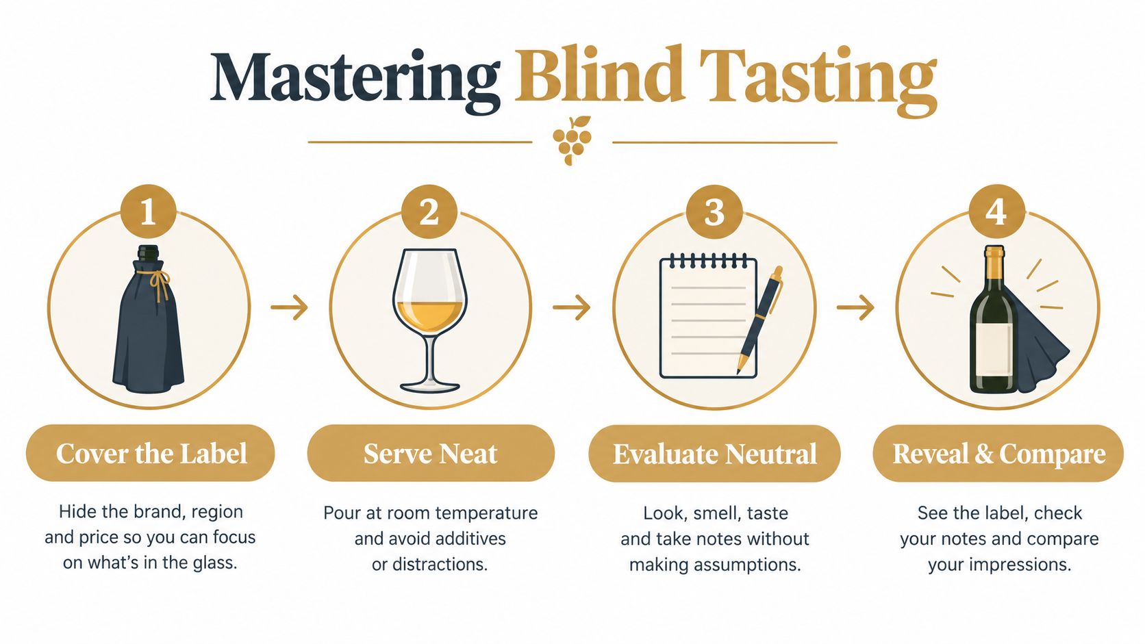 A step-by-step infographic illustrating the four stages of mastering blind wine tasting, including covering and revealing.
