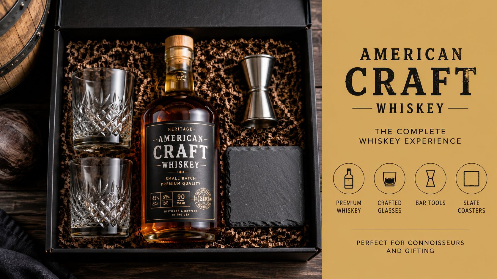 A premium gift set containing a bottle of American Craft Whiskey, two crystal glasses, and coasters.