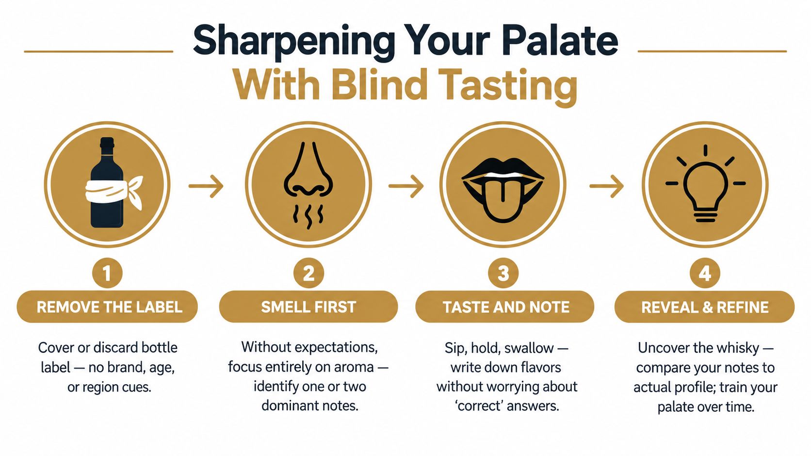 An infographic illustrating four simple steps for conducting a blind whisky tasting to refine your palate.