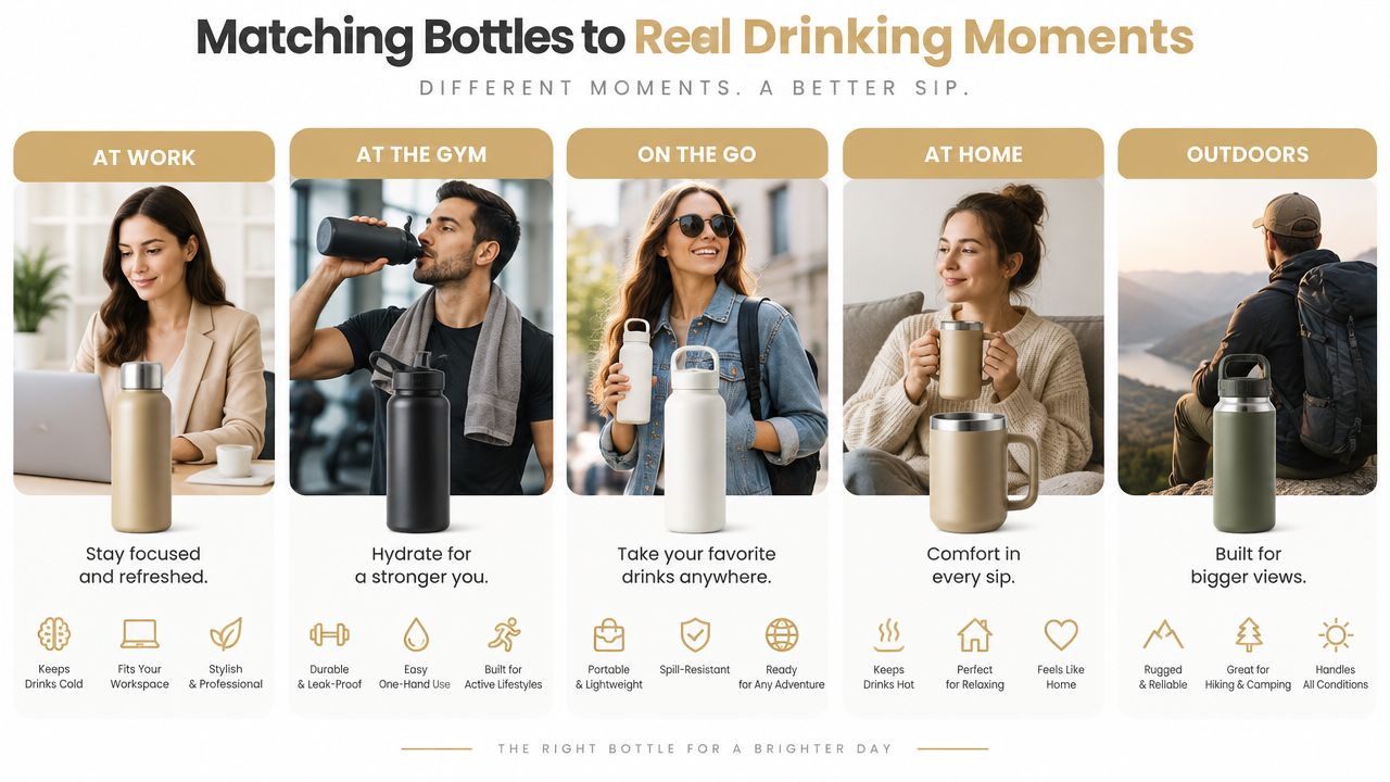 An infographic displaying different types of insulated water bottles matched to various daily drinking moments and settings.